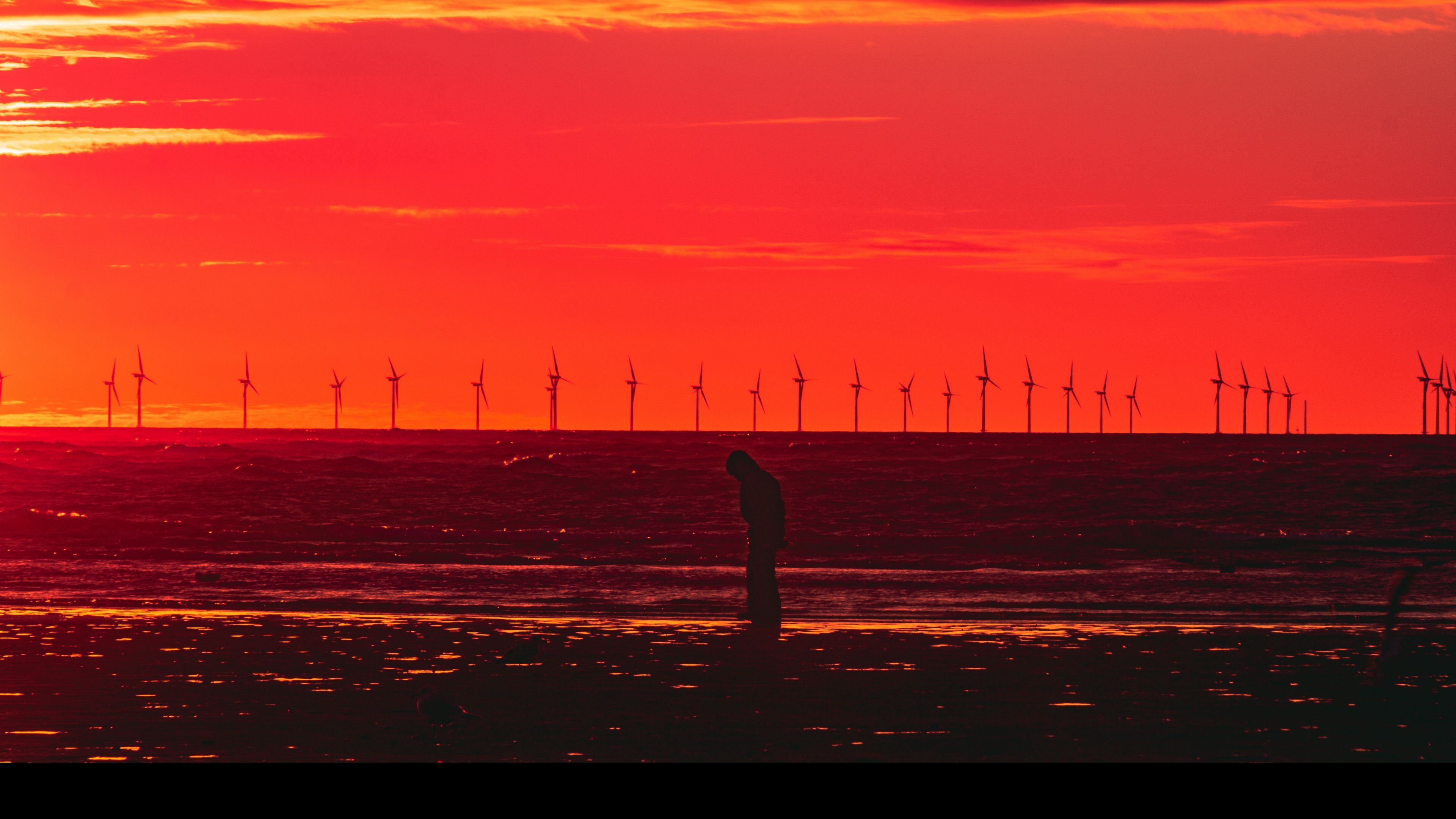 silhouette, wind turbines, sunset, horizon, red, 4k, HD Wallpaper