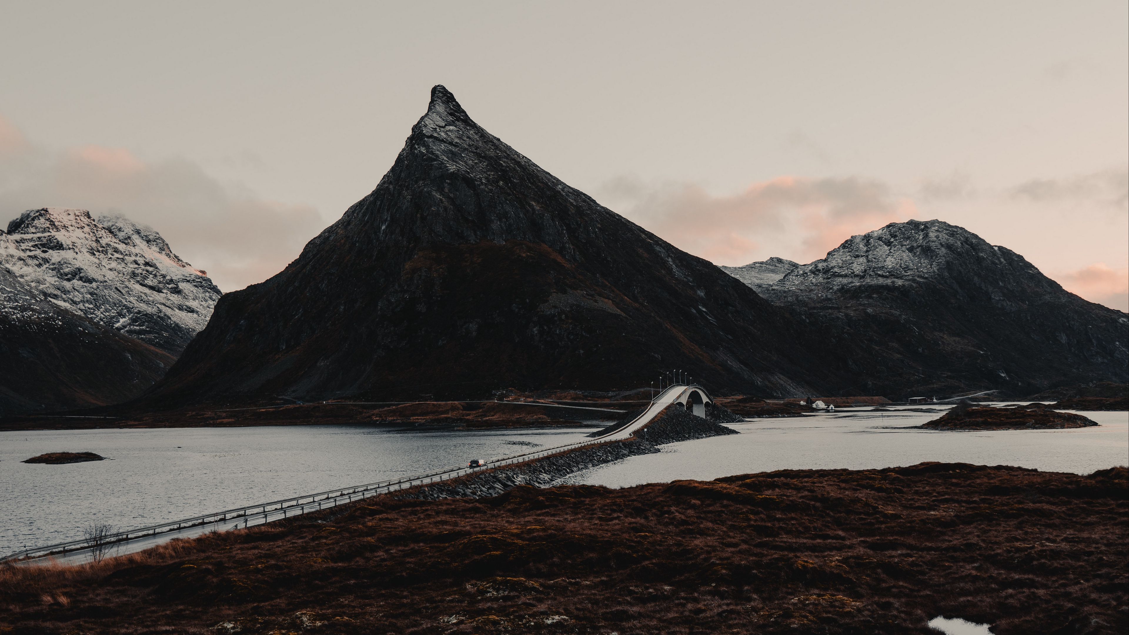 fjord, mountains, bridge, crossing, lofoten, norway, 4k, HD Wallpaper