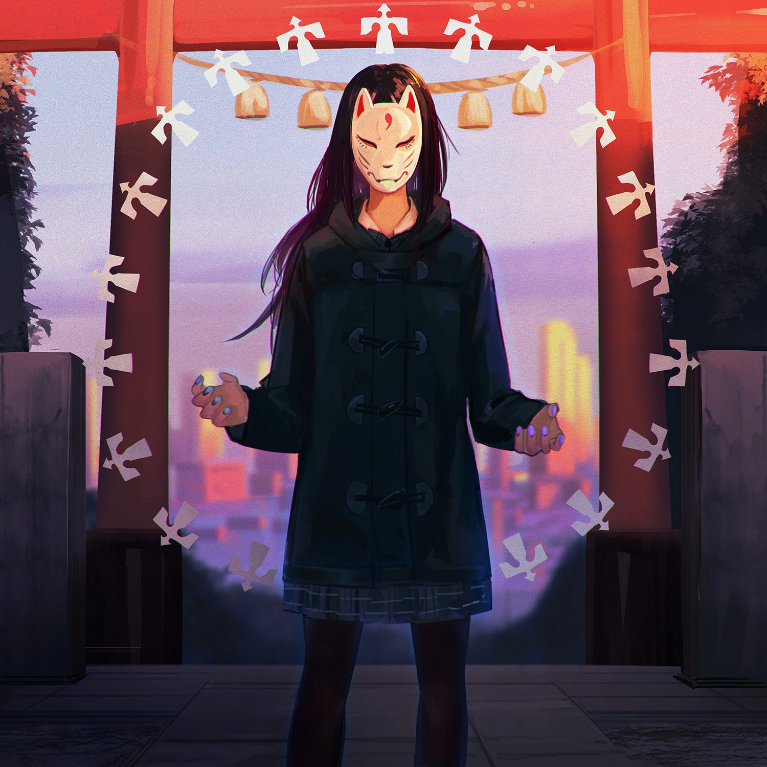 mask, illustration, minimalism, original characters, environment, Eiich Matsuba, anime, frontal view, HD Wallpaper