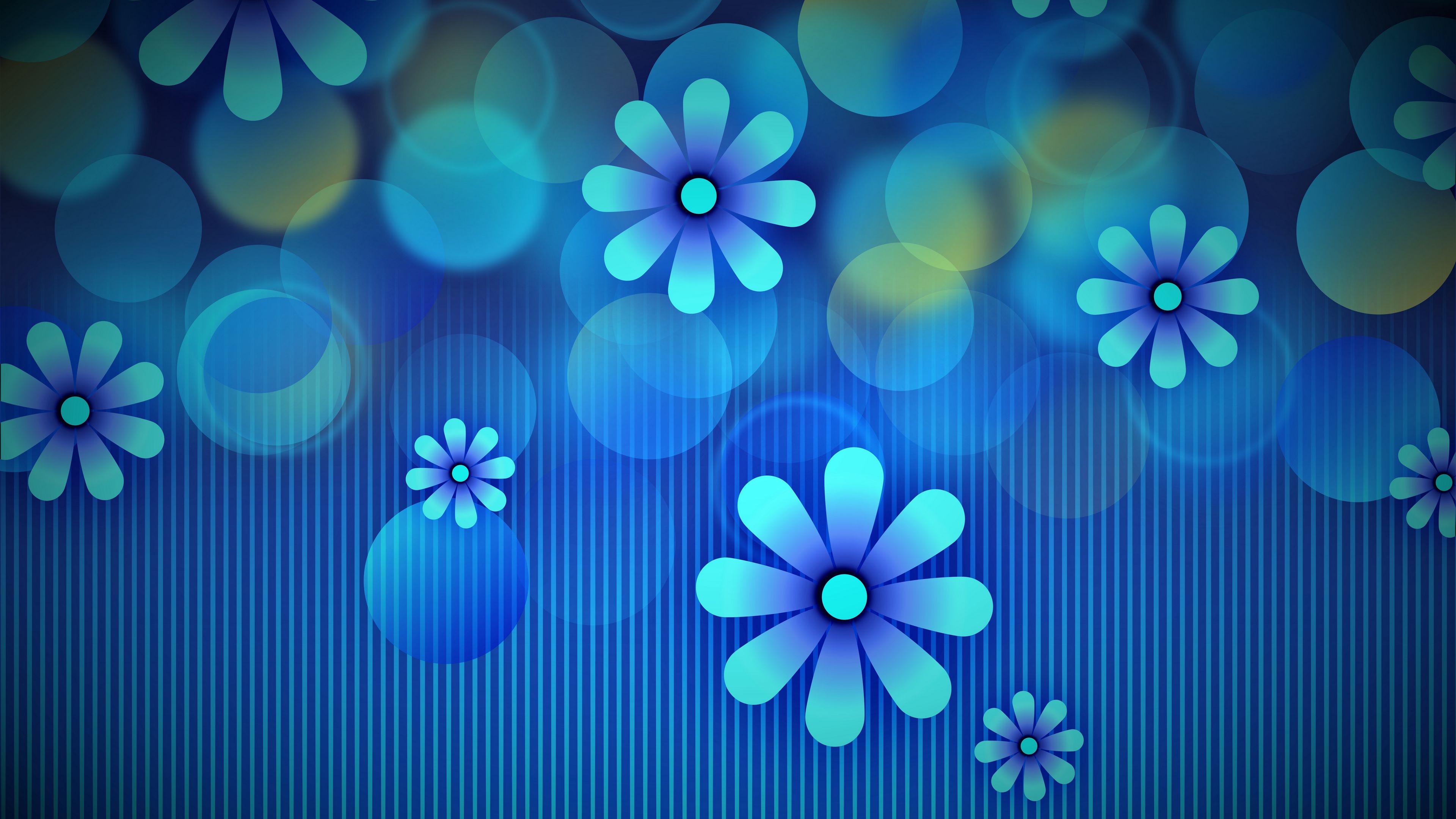 flowers, circles, lines, blue, pattern, 4k, HD Wallpaper