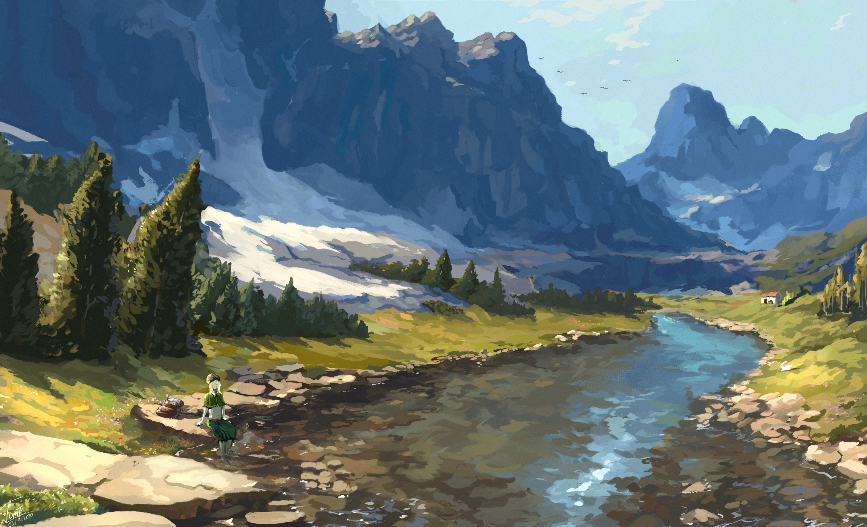 TomTC, mountains, nature, river, snow, forest, digital art, fantasy art, traveller, women, HD Wallpaper