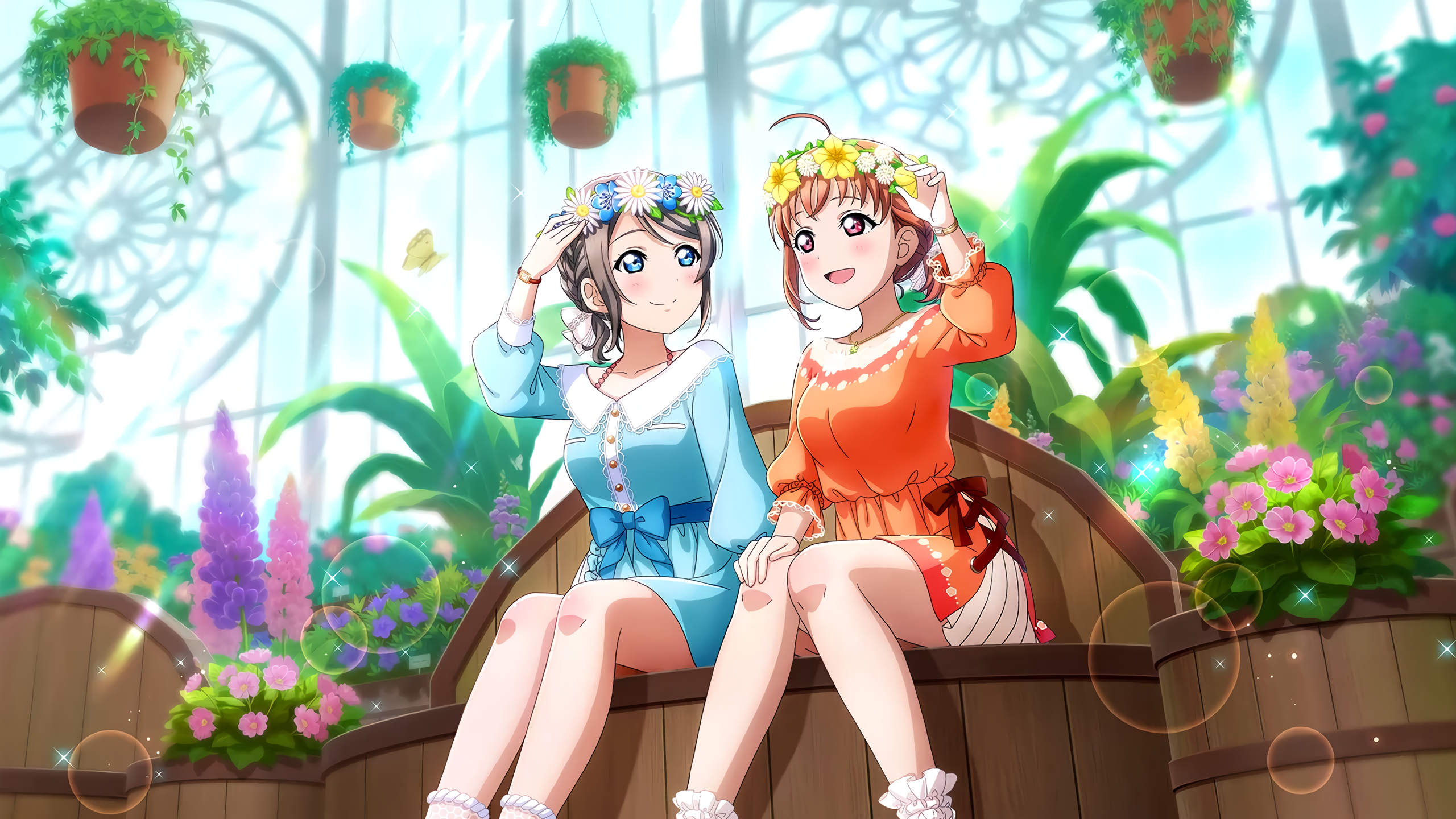 Love Live Series, Love Live! Sunshine, Watanabe You, Takami Chika, flowers, HD Wallpaper