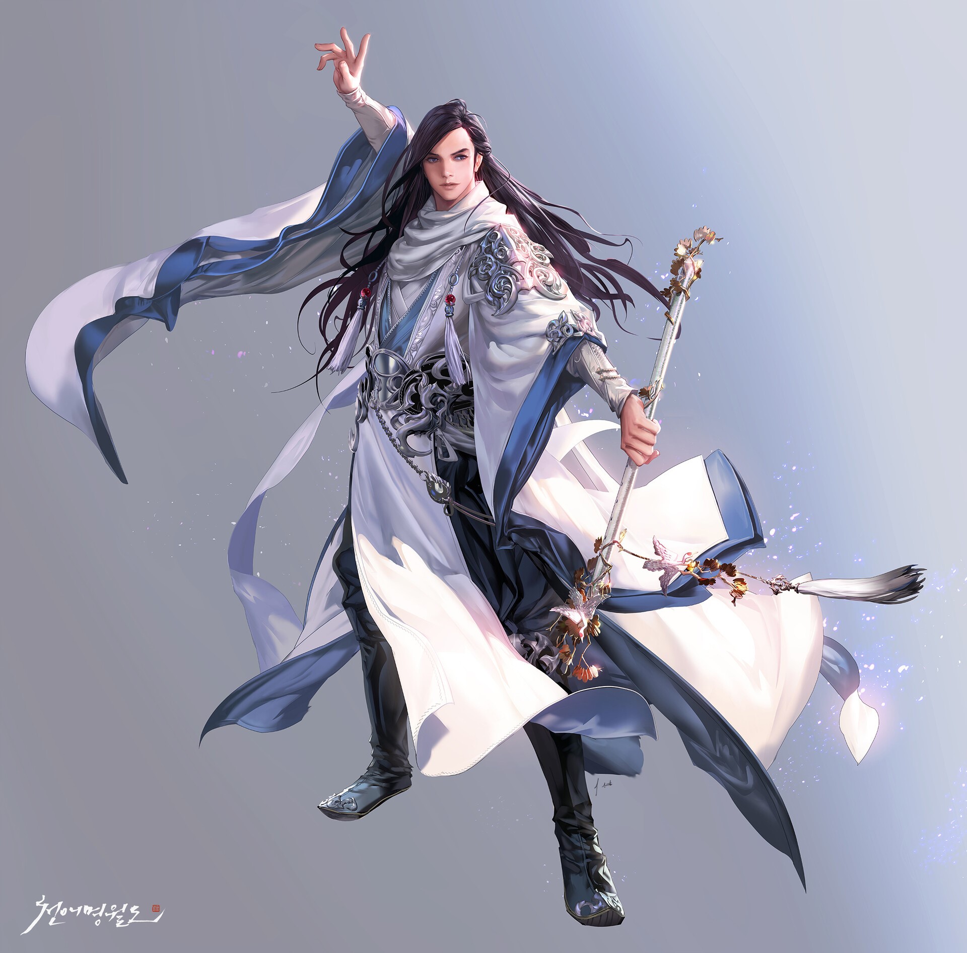 drawing, men, dark hair, long hair, magician, robes, white clothing, looking away, Wand, sparks, jewelry, simple background, gradient, Seunghee Lee, HD Wallpaper
