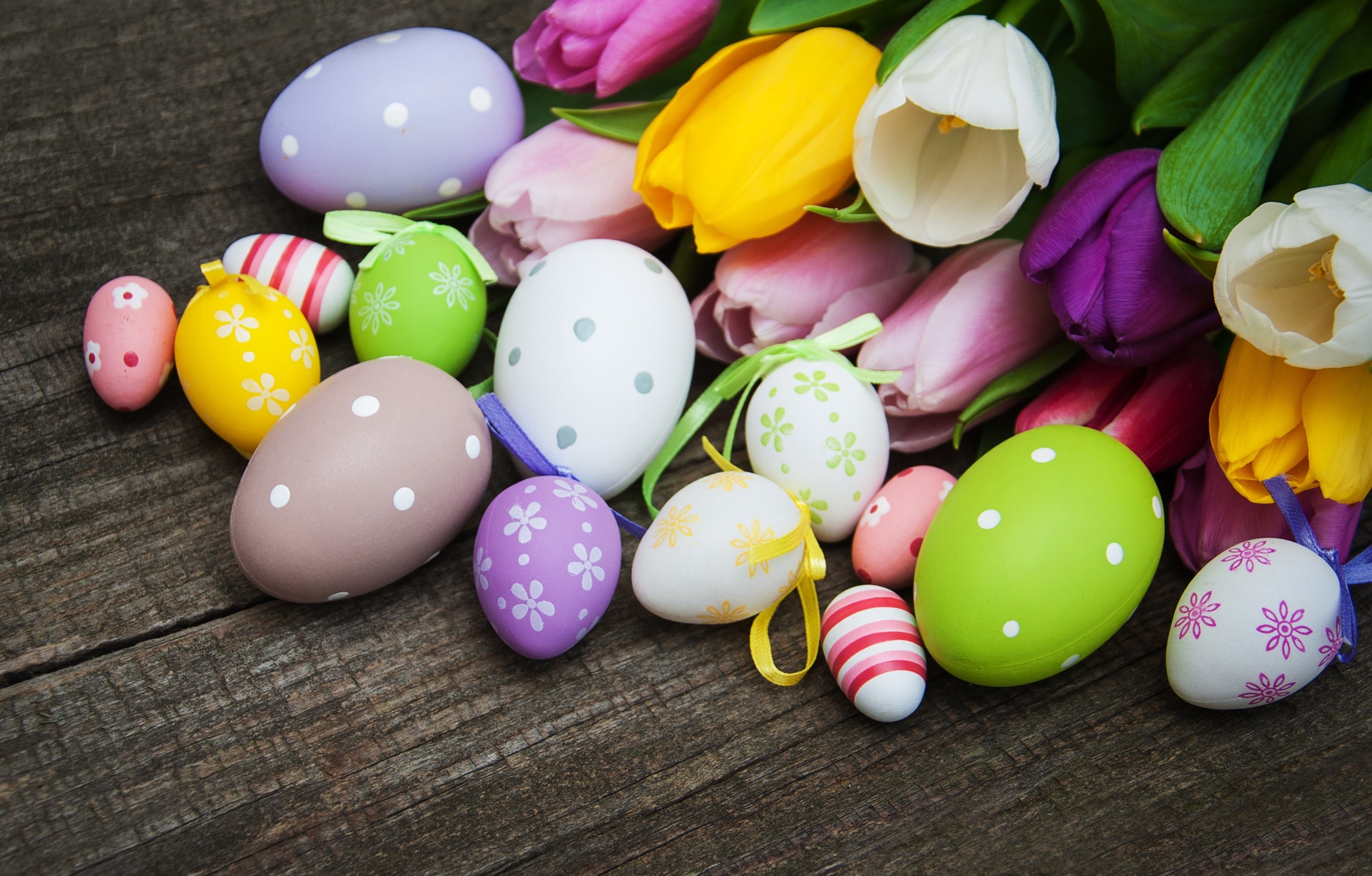 Easter, holiday, eggs, flowers, tulips, colorful, plants, HD Wallpaper