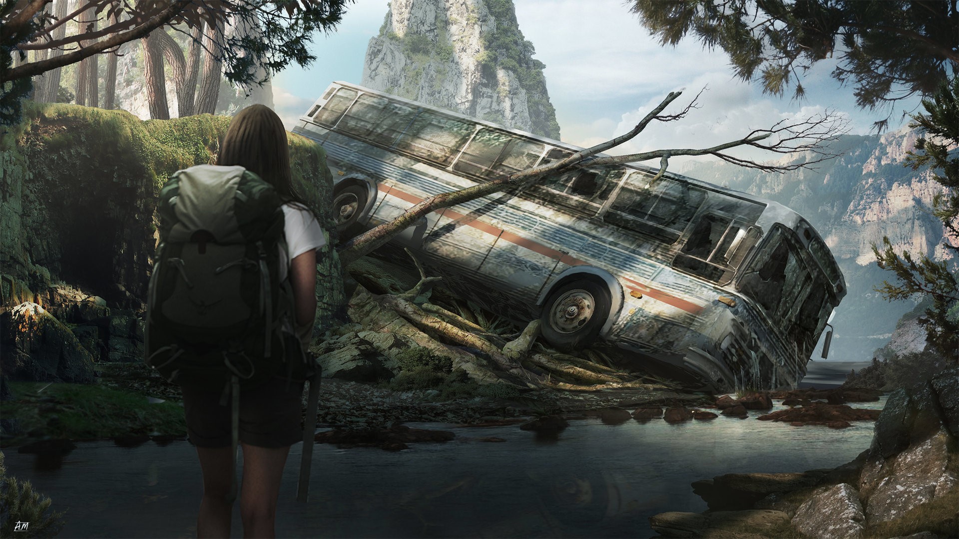 digital, digital art, apocalyptic, buses, women, backpacks, artwork, HD Wallpaper