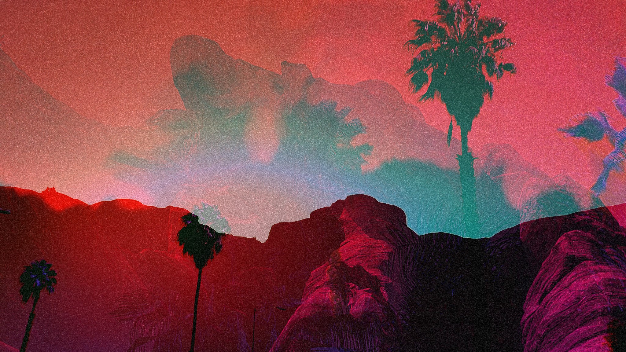 palm trees, vaporwave, digital art, colorful, rock, HD Wallpaper