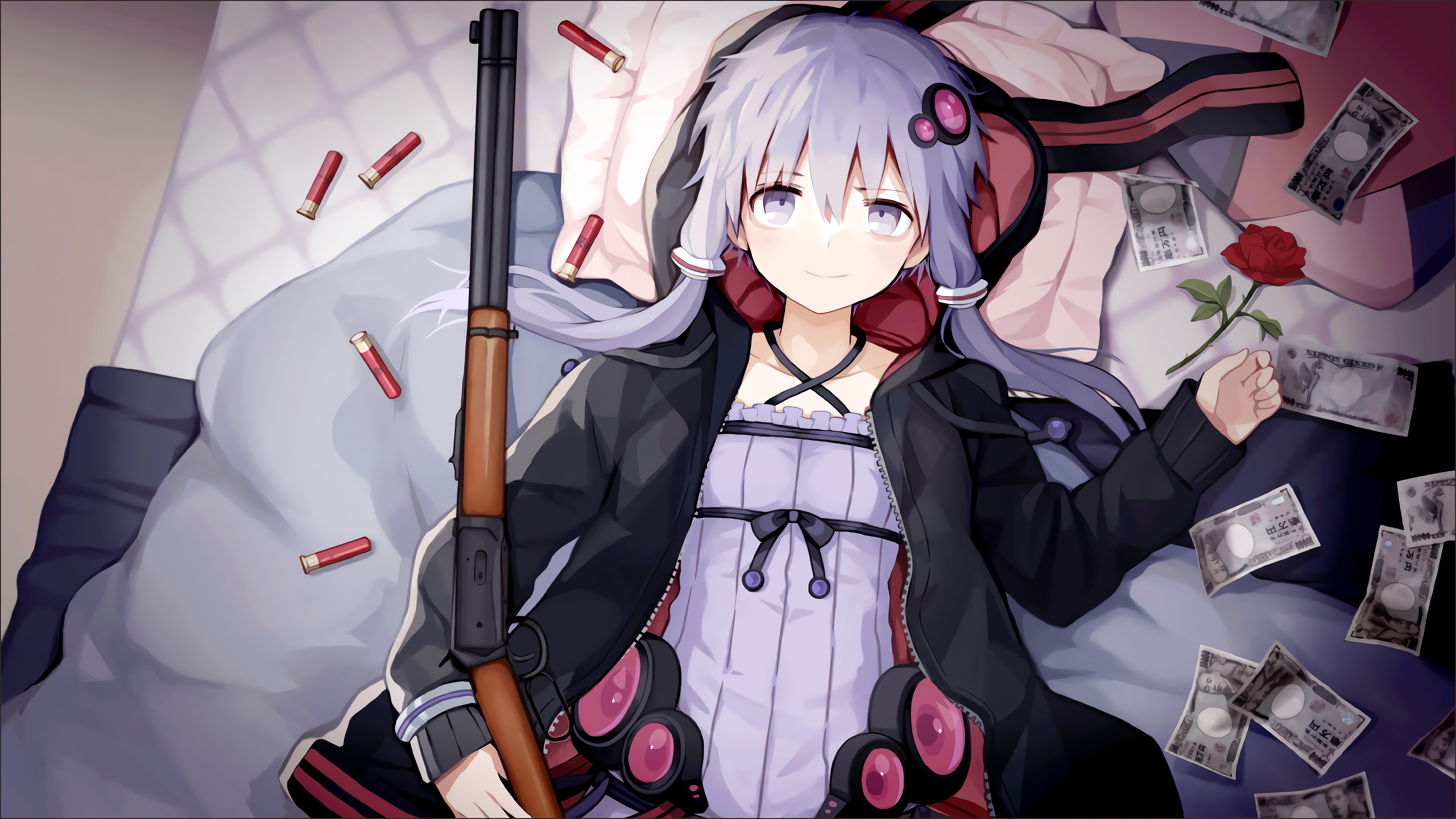 anime girls, shotgun, rose, bed, anime, HD Wallpaper
