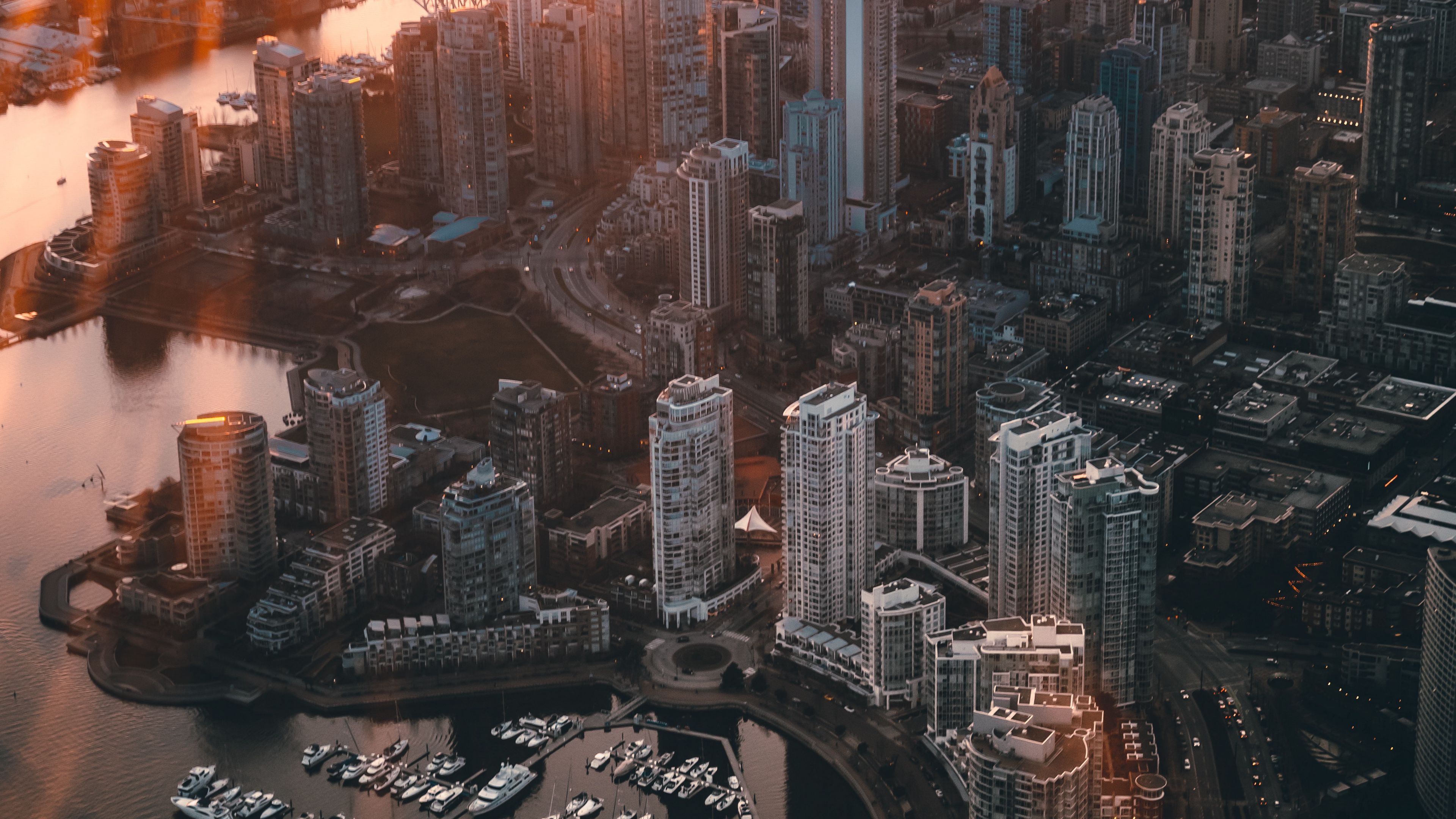 city, aerial view, architecture, sunlight, rays, vancouver, canada, 4k, HD Wallpaper