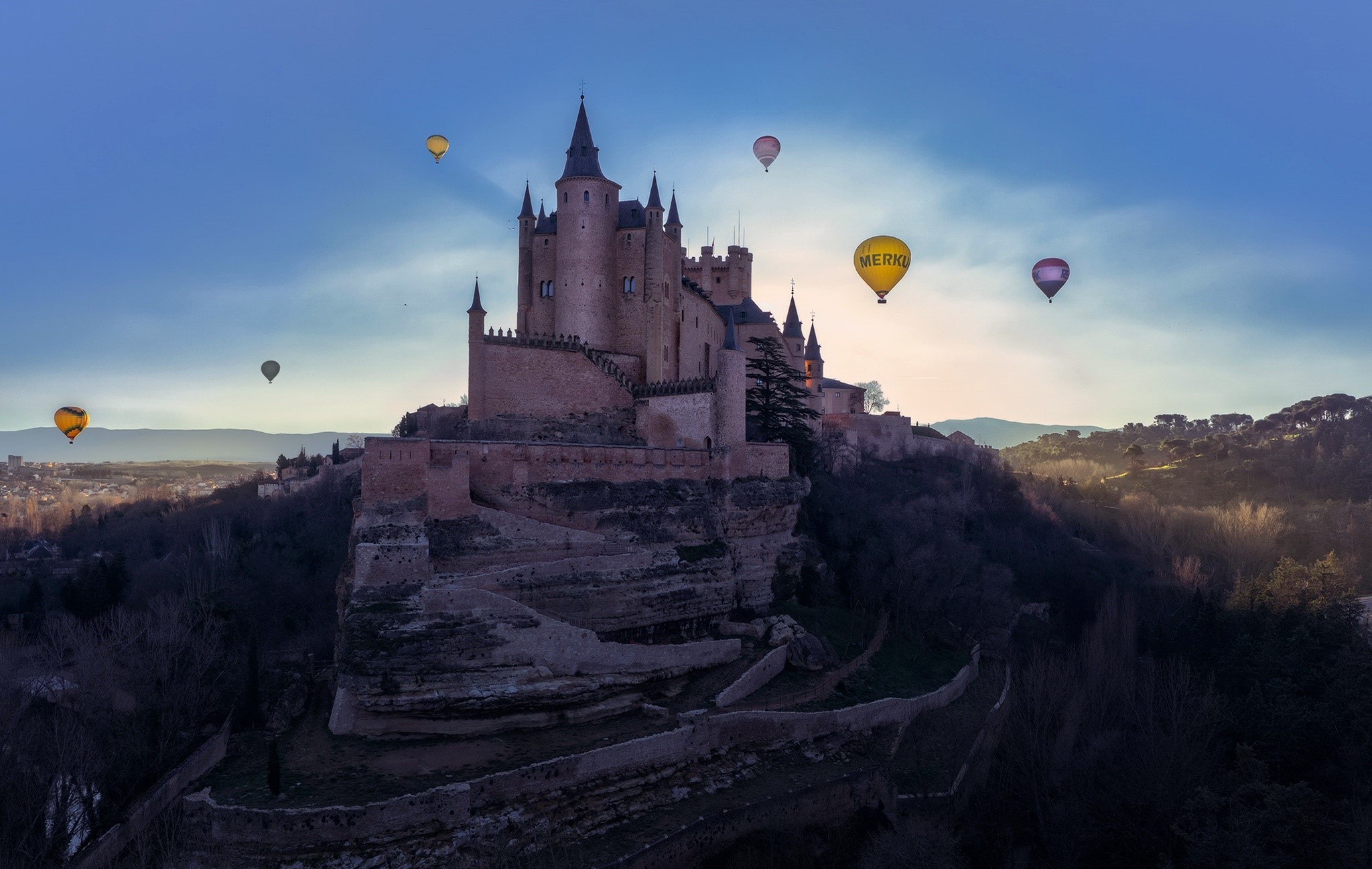 castle, Spain, sky, hot air balloons, HD Wallpaper