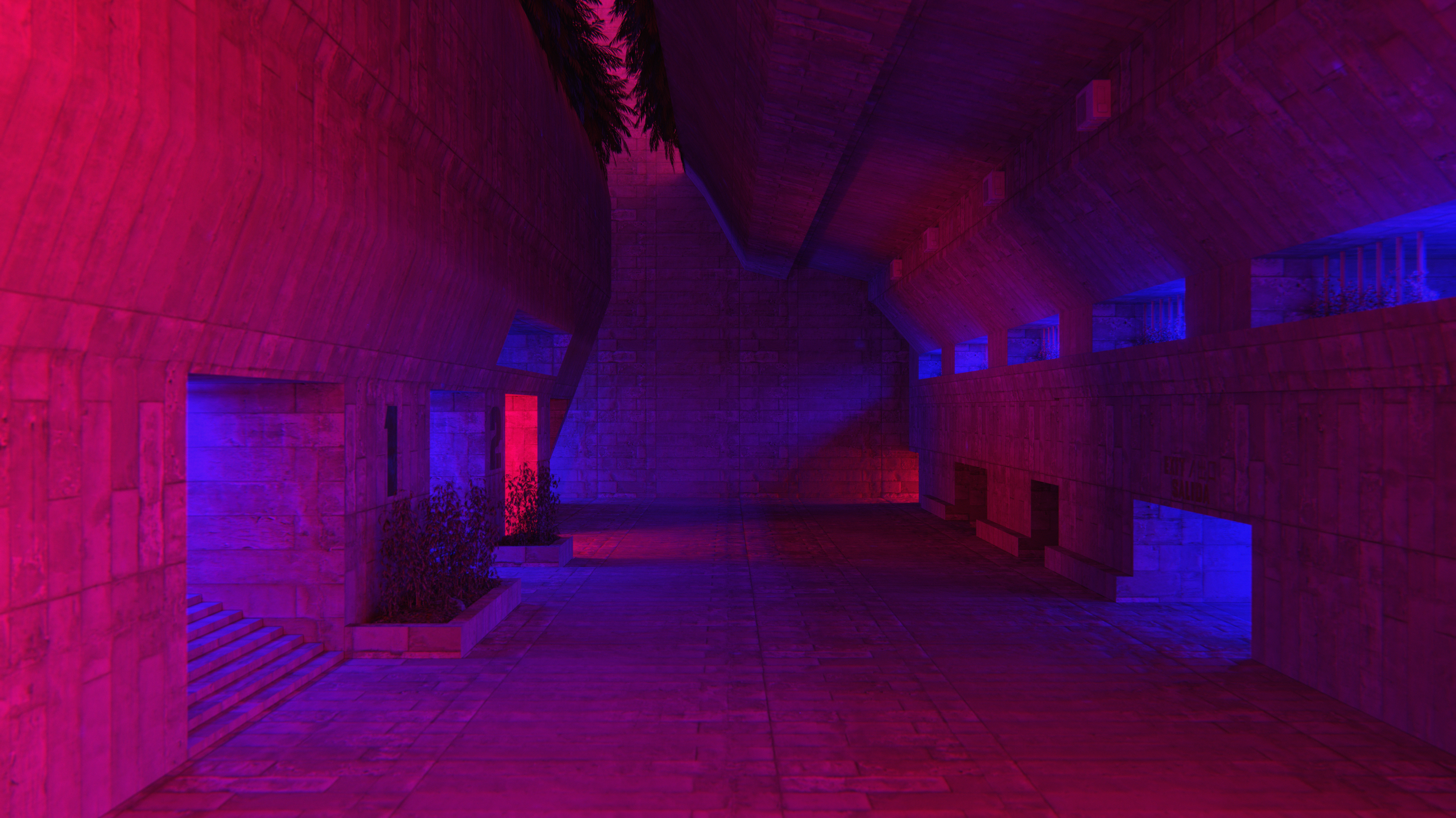 stone, Brutalism, architecture, palm trees, building, shadow, cyberpunk, futuristic, neon, apartments, stairs, dystopian, isolation, empty, Blender, HD Wallpaper