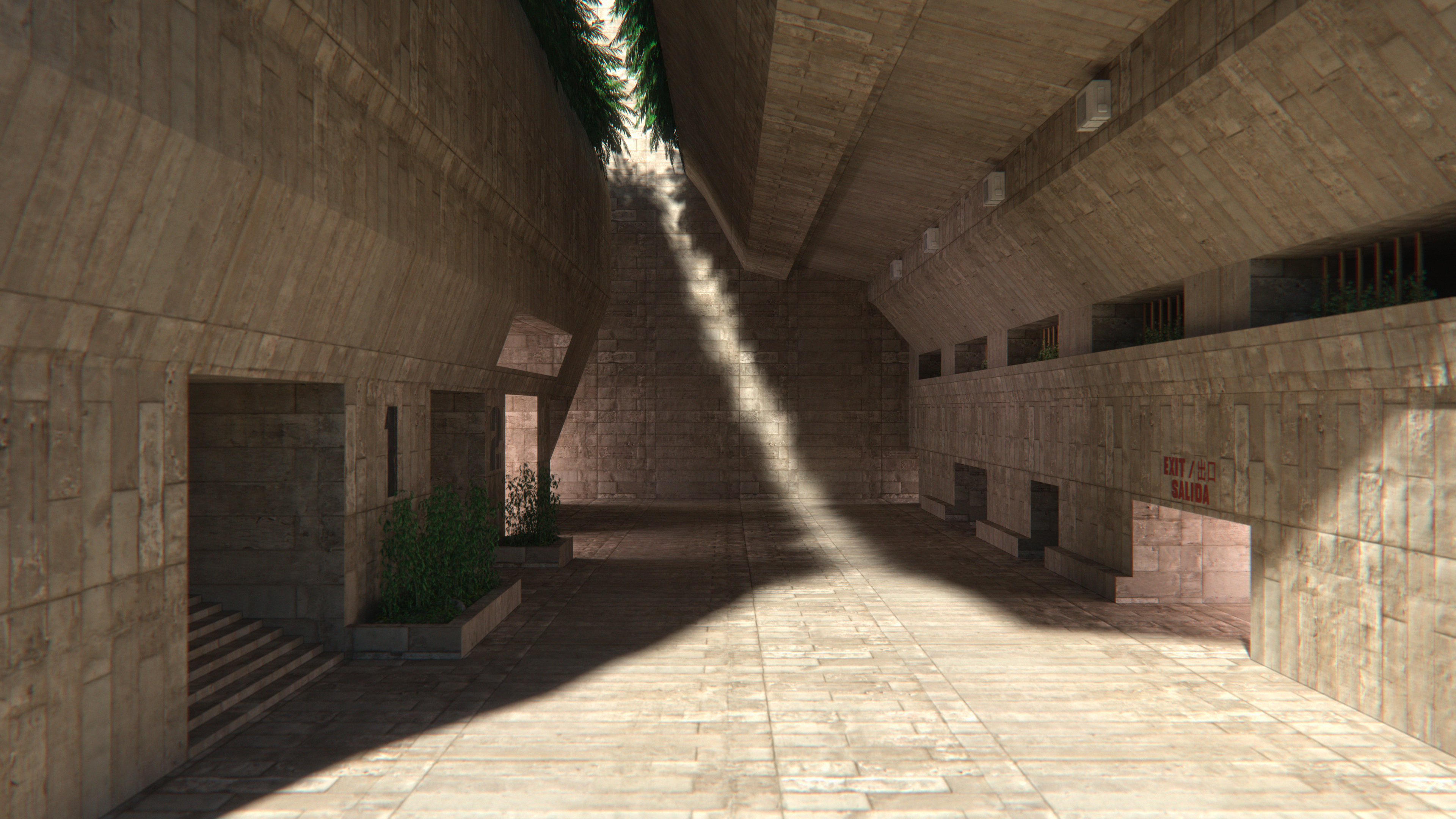 stone, Brutalism, architecture, palm trees, building, shadow, futuristic, apartments, stairs, dystopian, isolation, empty, Blender, HD Wallpaper