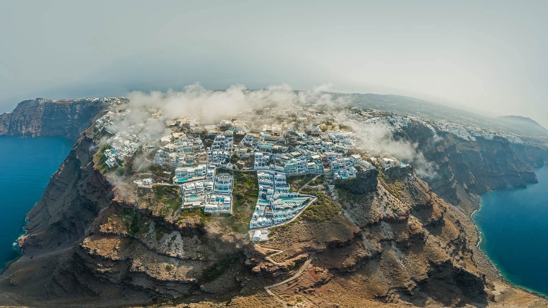 Santorini, aerial view, sky, rock, town, landscape, HD Wallpaper