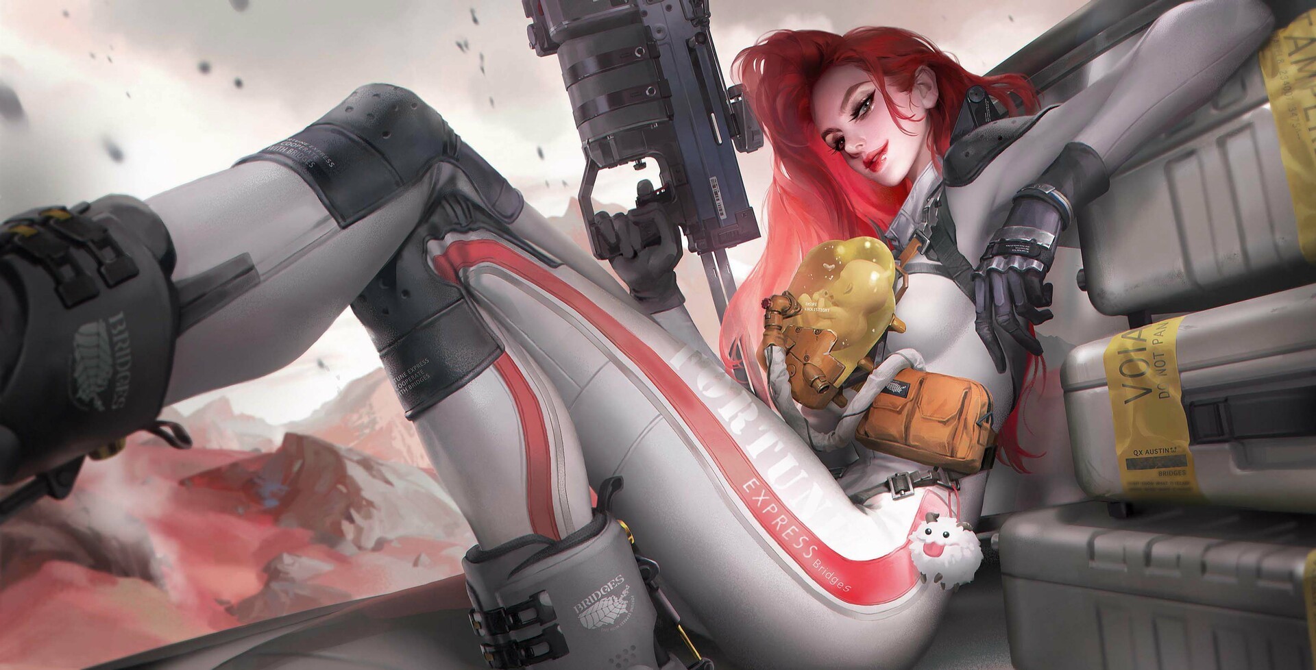 Yuchen Lee, ArtStation, weapon, women, redhead, digital art, futuristic, Death Stranding, HD Wallpaper