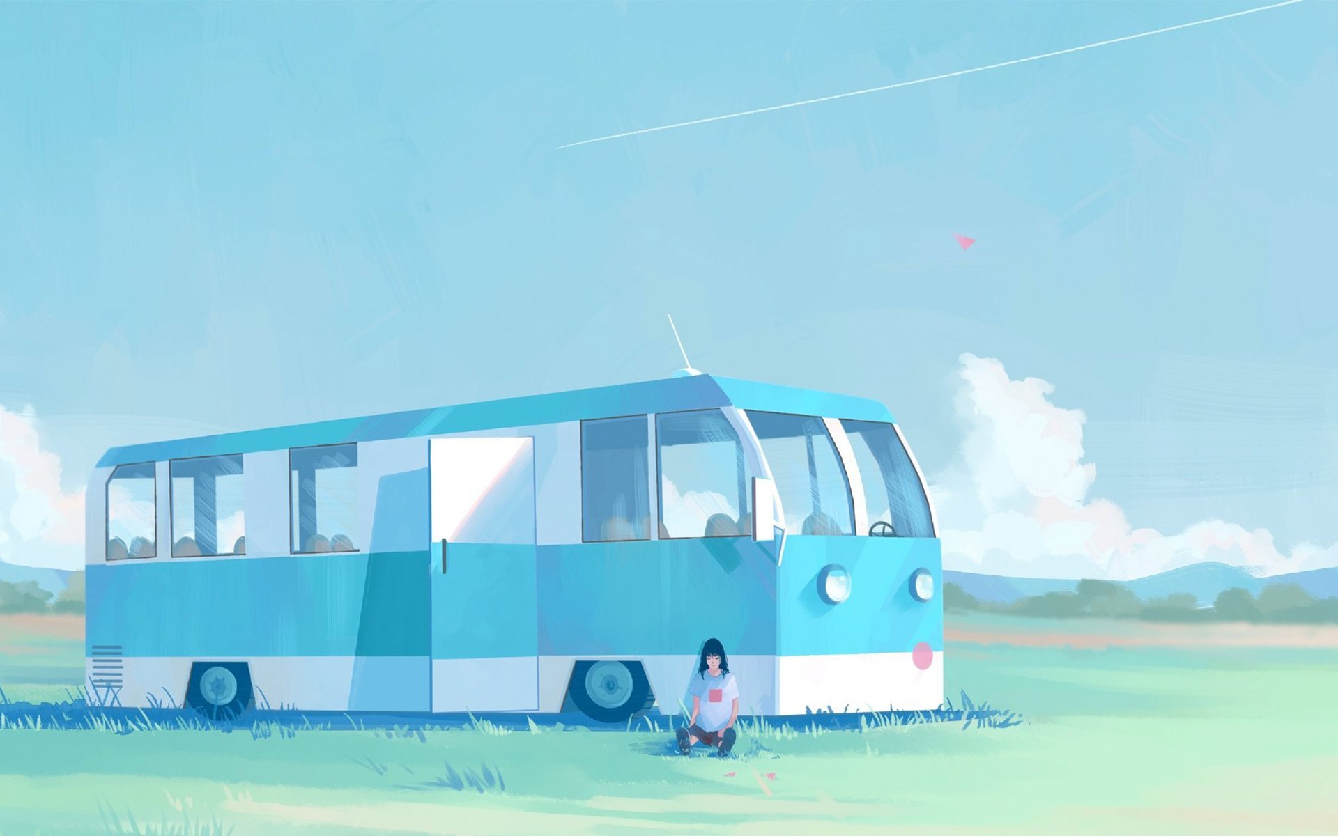 anime, artwork, buses, vehicle, outdoors, anime girls, HD Wallpaper