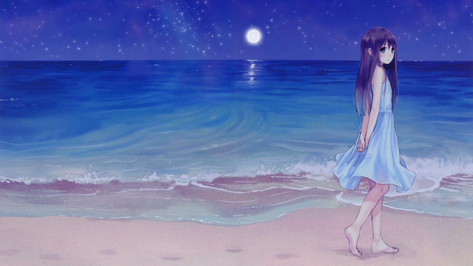 anime, inbetweening, beach, anime girls, Moon, barefoot, sea, HD Wallpaper