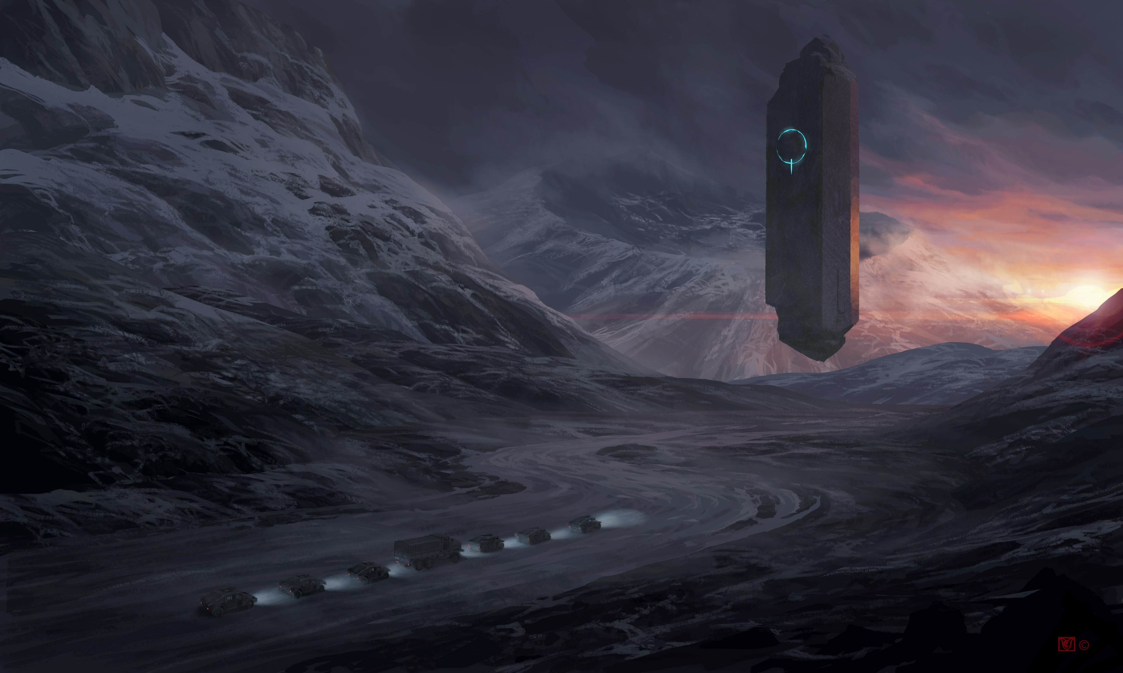 science fiction, digital art, UFOs, military vehicle, military, Arctic, dawn, Mystery, concept art, Christophe Vacher, artwork, HD Wallpaper