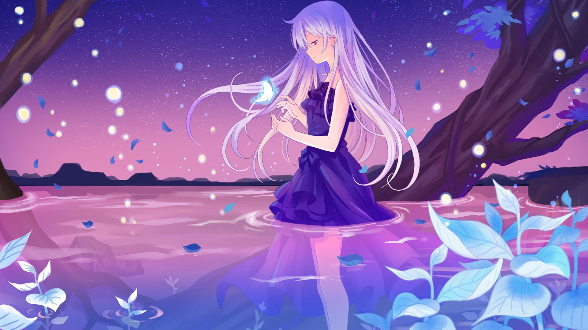 long hair, butterfly, dress, trees, leaves, anime, HD Wallpaper
