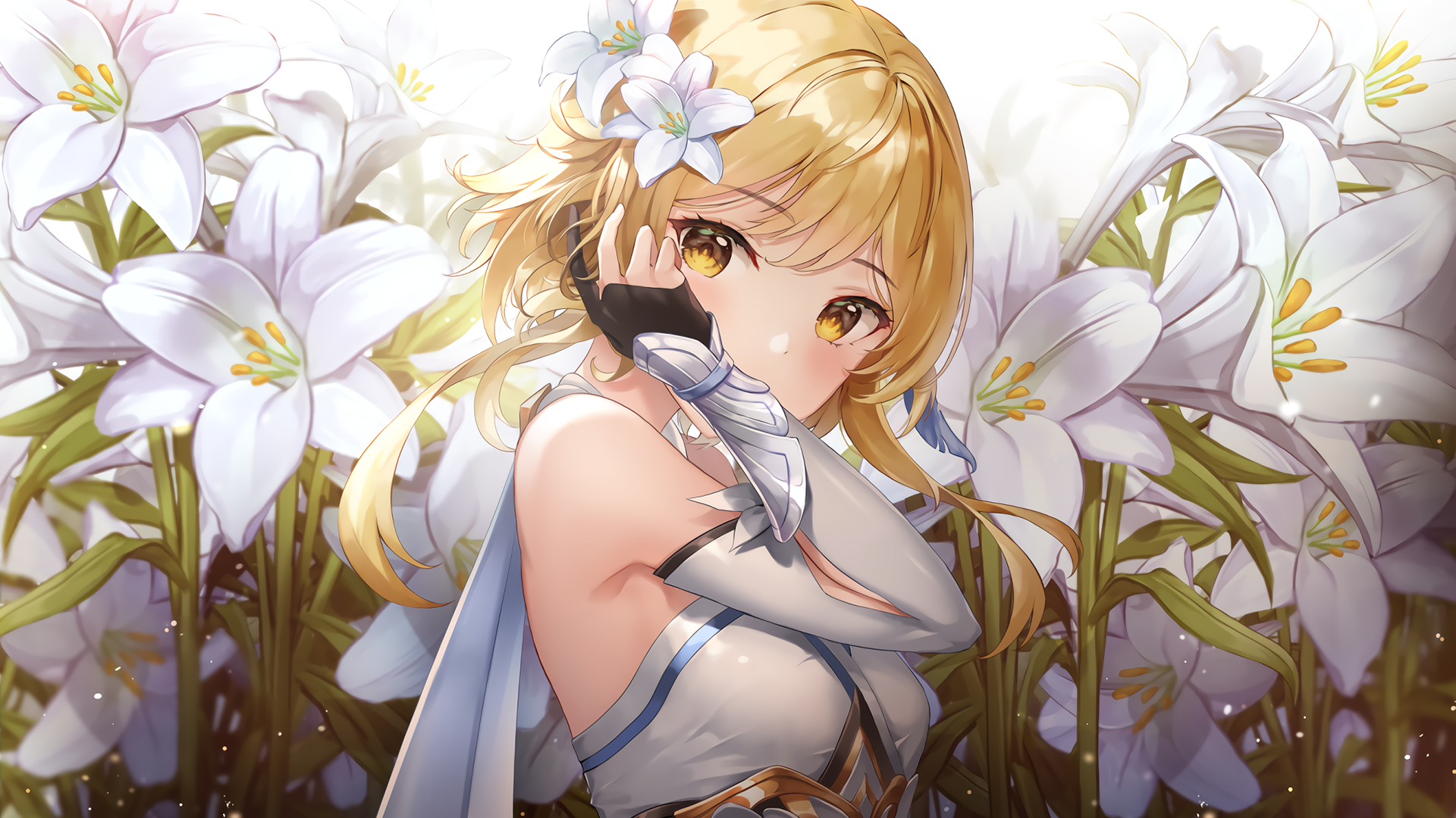 flowers, blonde, yellow eyes, anime, HD Wallpaper