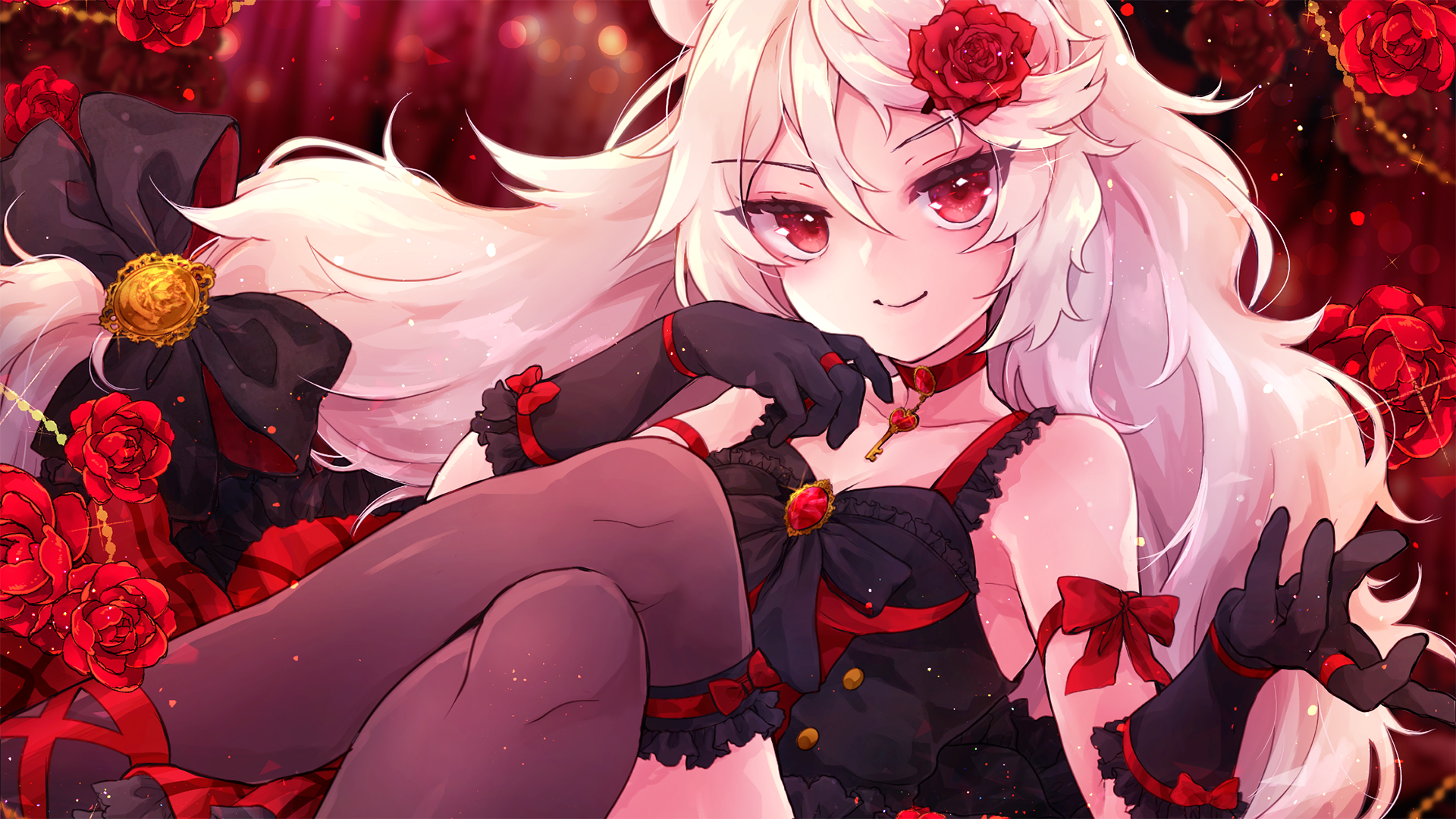 long hair, roses, pantyhose, red eyes, HD Wallpaper