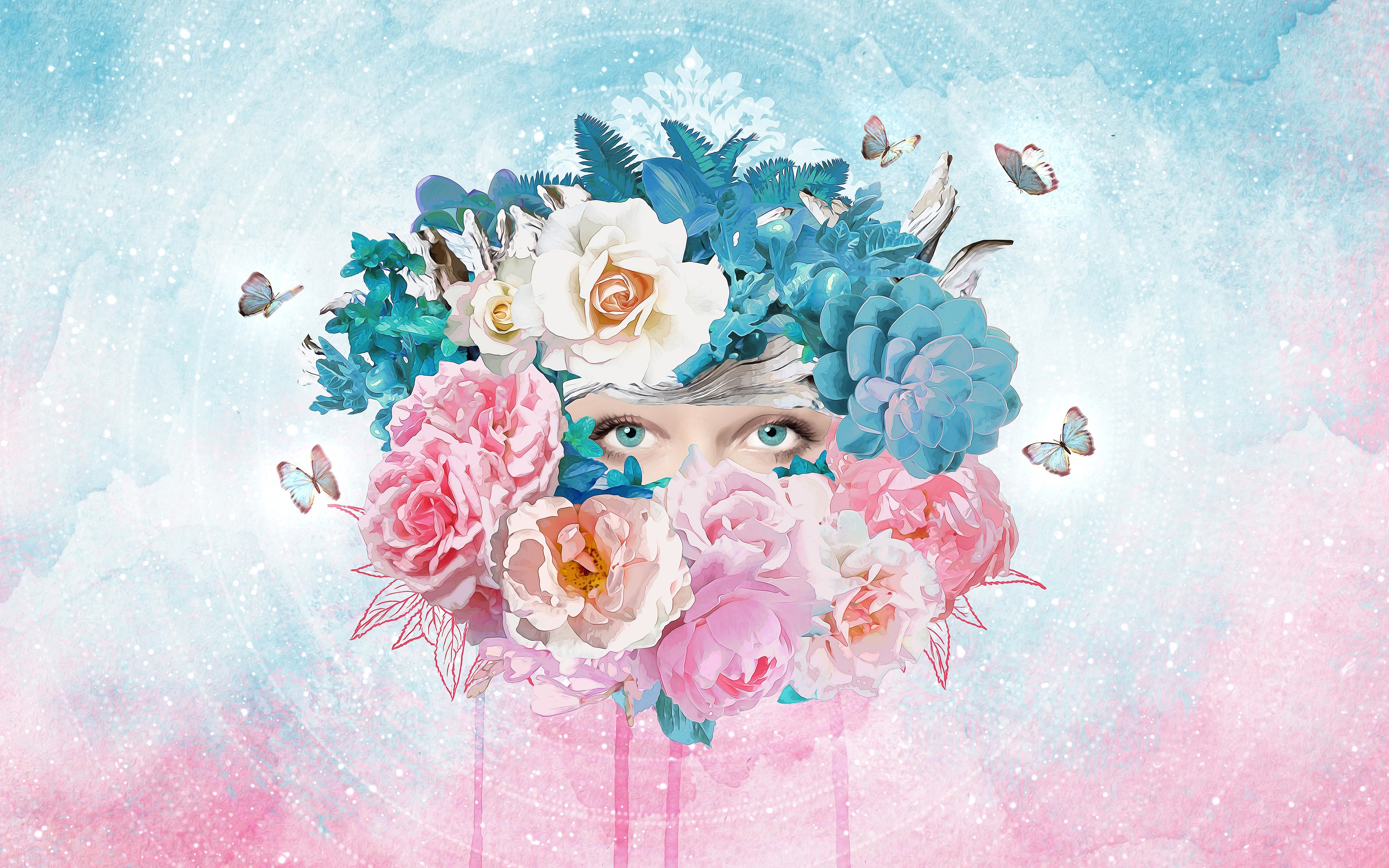 colorful, flowers, women, eyes, plants, artwork, HD Wallpaper