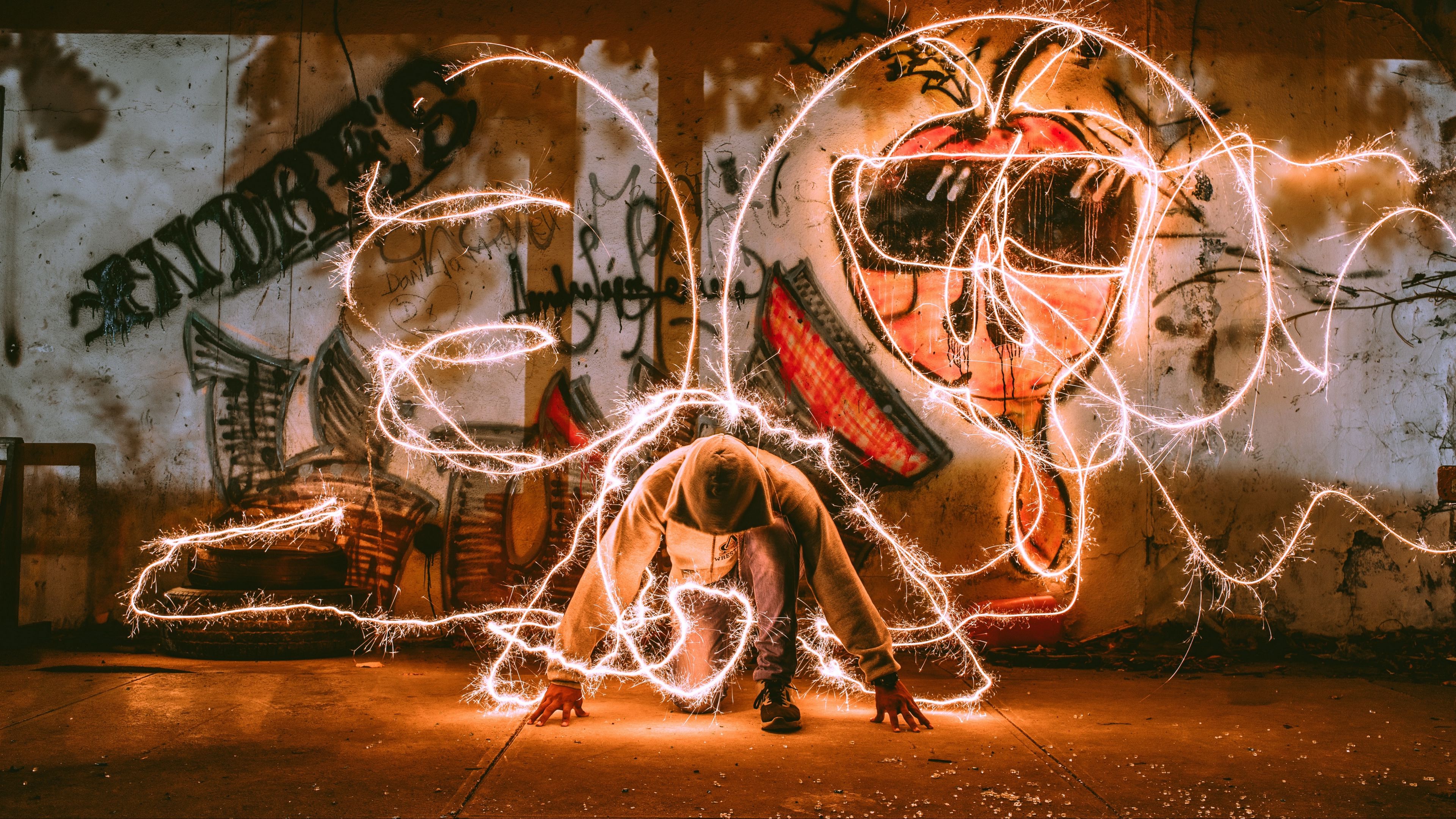 man, light art, hood, sparks, light, 4k, HD Wallpaper