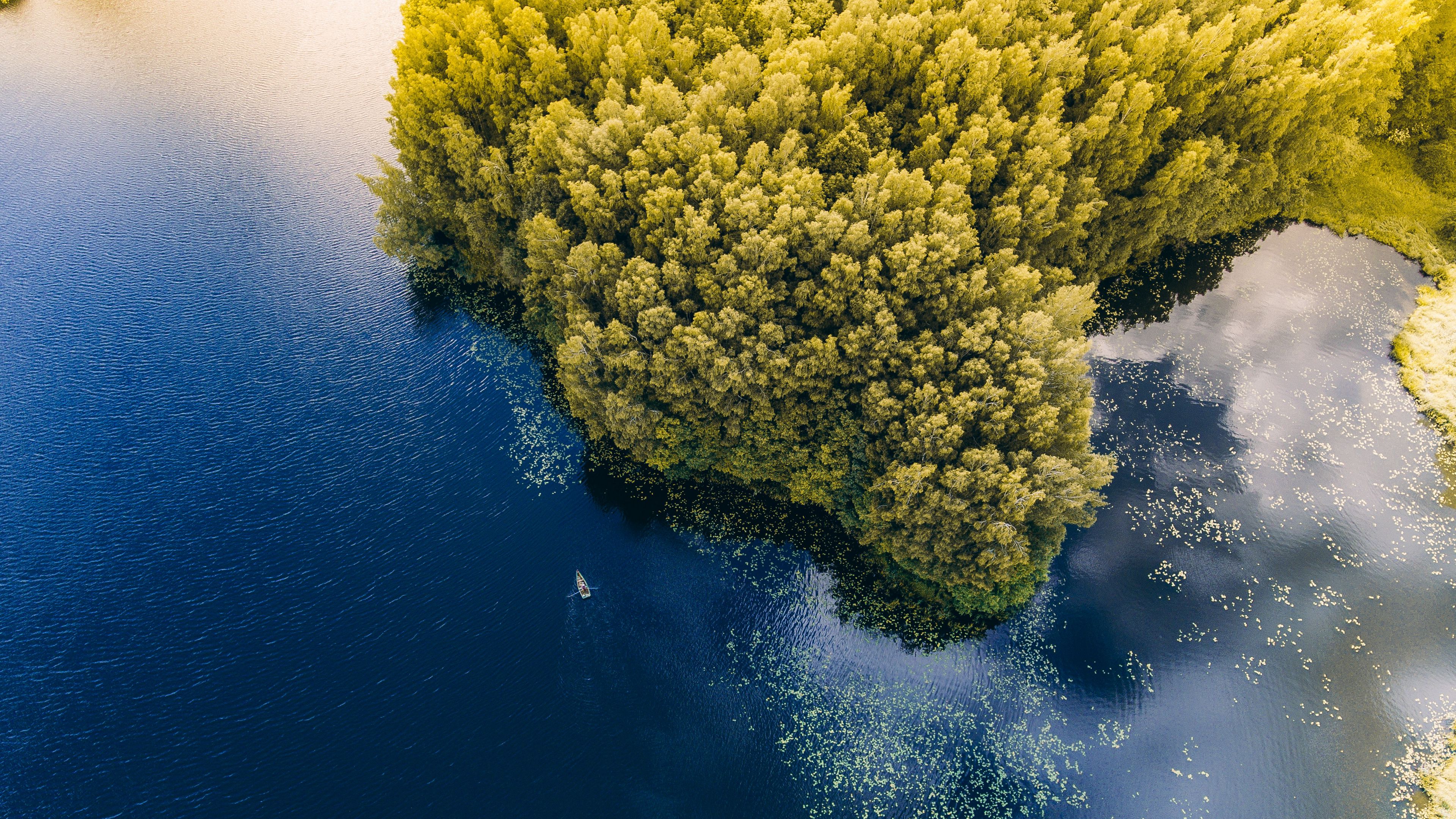 sea, boat, aerial view, trees, lithuania, 4k, HD Wallpaper