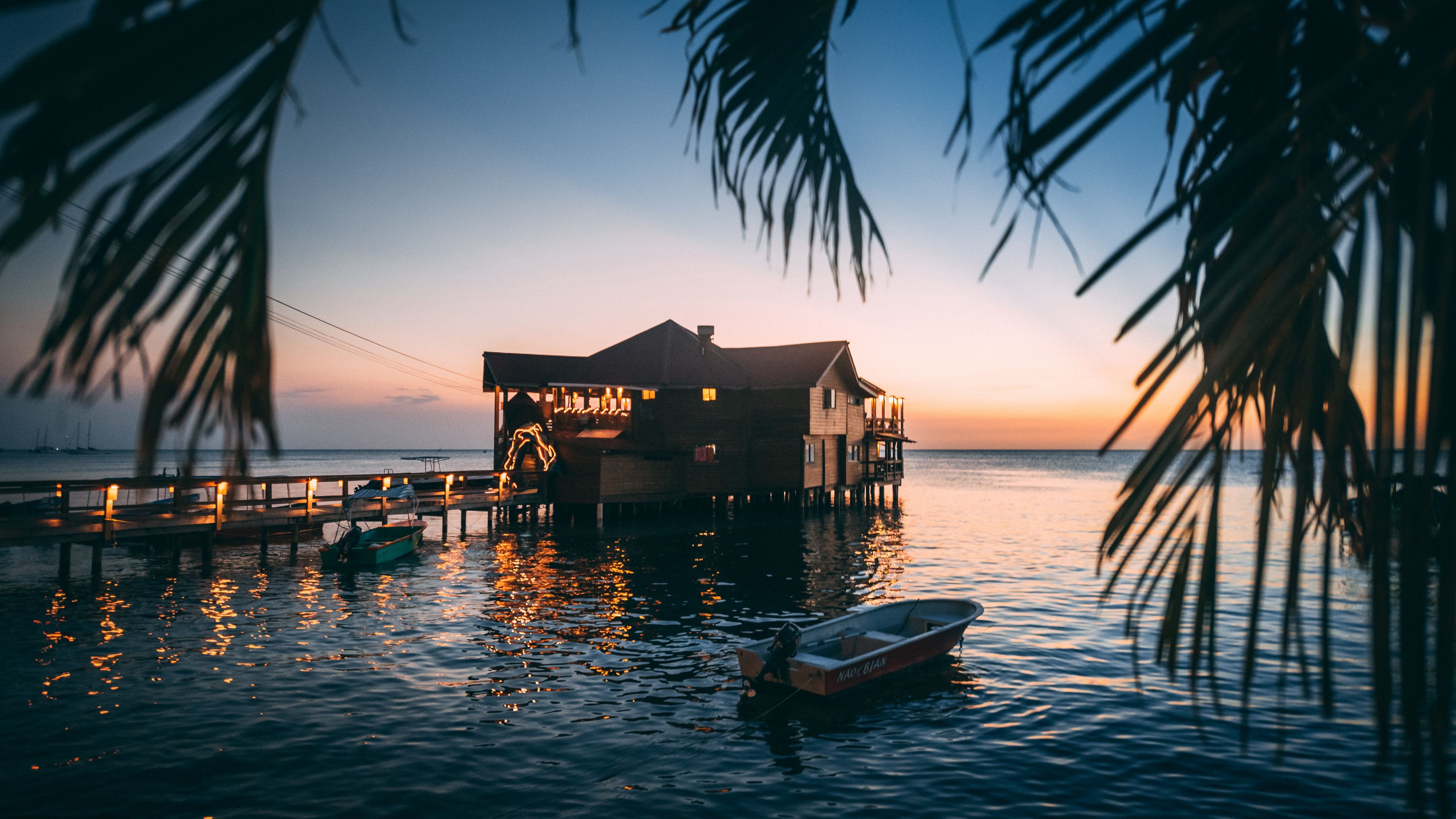 house, sea, sunset, branch, water, 4k, HD Wallpaper