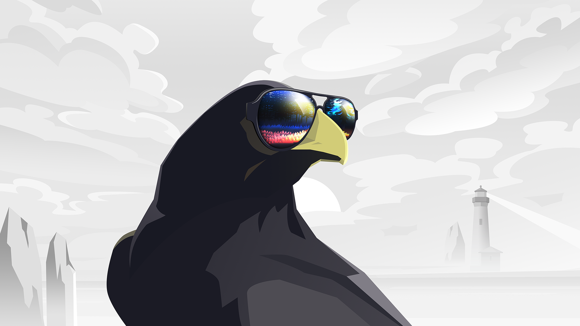 raven, lighthouse, glasses, reflection, Colors (Album), byrotek, HD Wallpaper