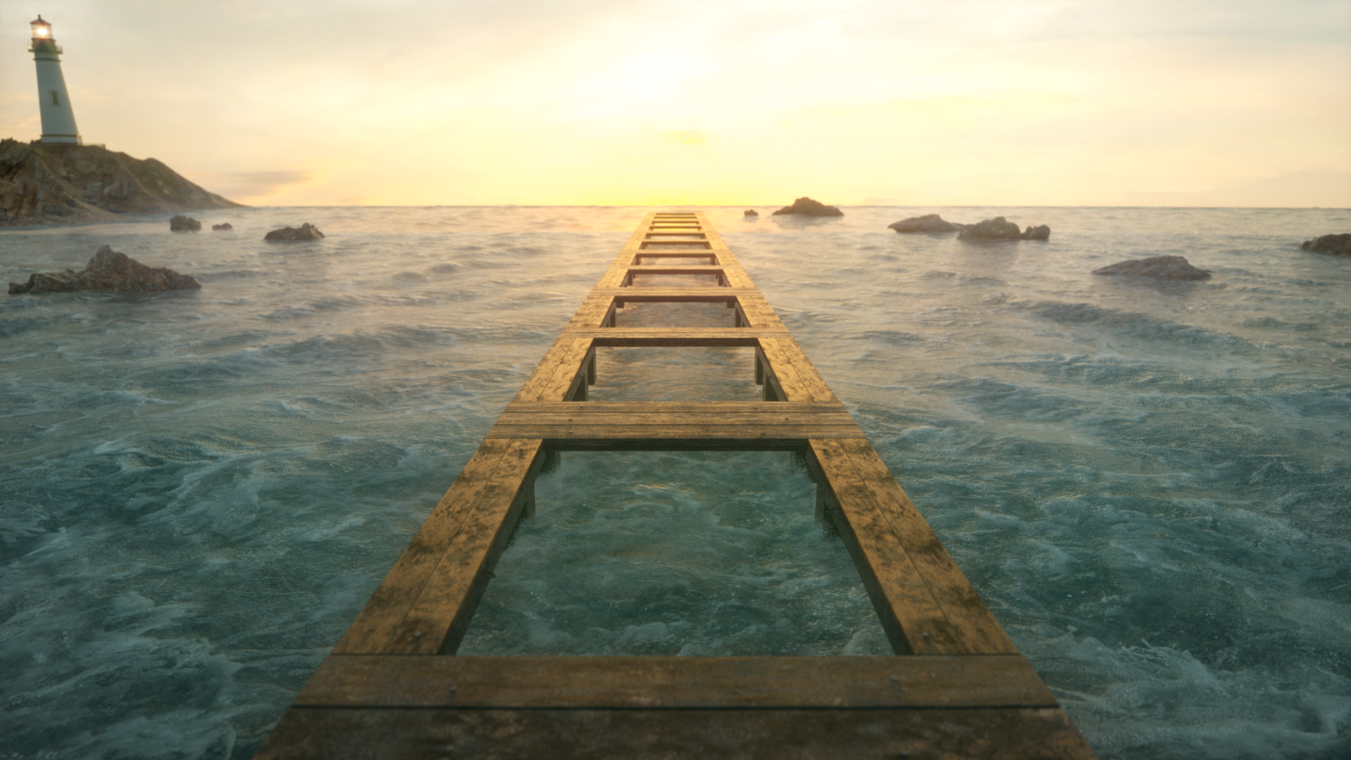 sea, sea foam, landscape, planks, water, path, pathway, sunlight, shining, lighthouse, rocks, grunge, 3D graphics, CGI, rendering, flares, soft gradient, HD Wallpaper