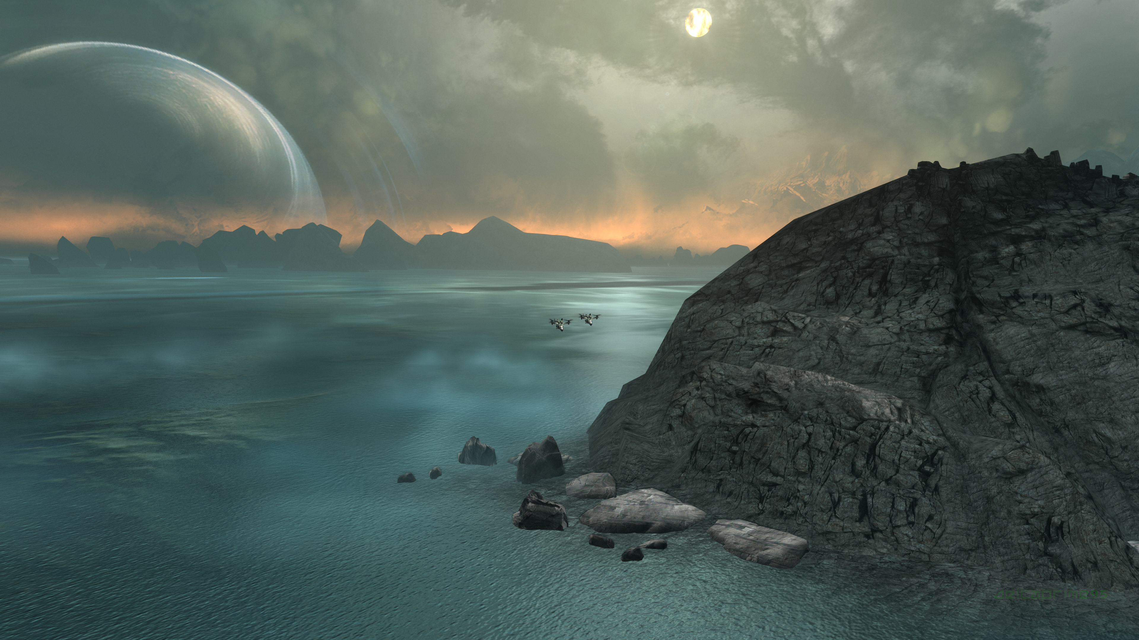 PC gaming, in-game, screen shot, video games, science fiction, futuristic, Halo Reach, Planet Reach, water, aircraft, UH-114 Falcon, horizon, HD Wallpaper