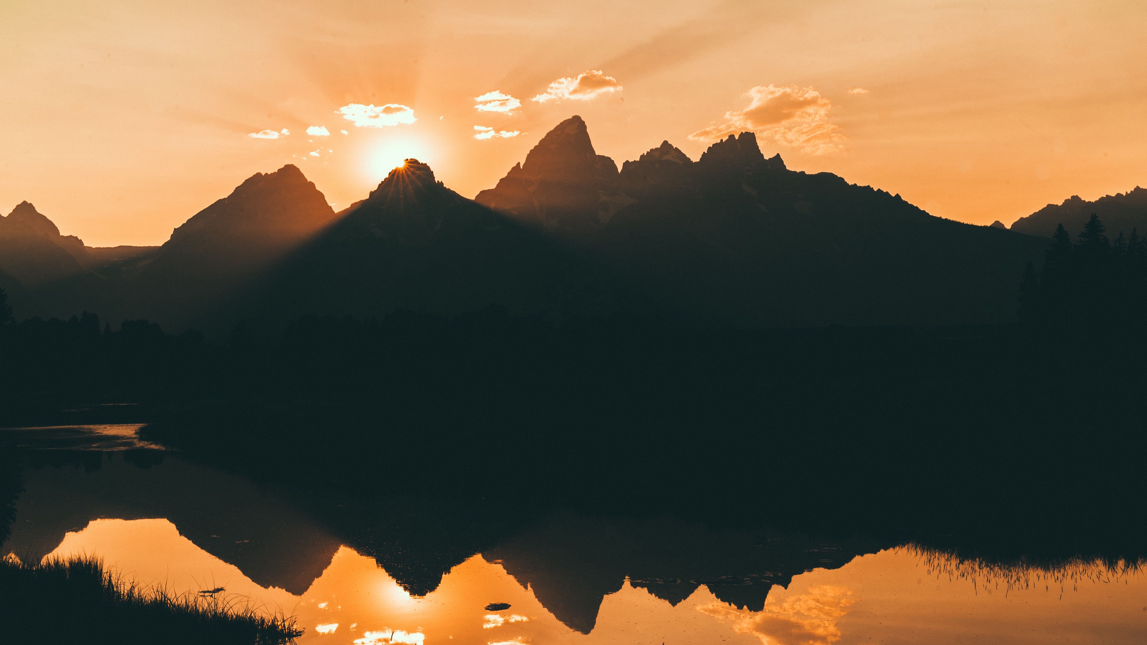 mountains, water, sunset, reflection, sunlight, sky, 4k, HD Wallpaper