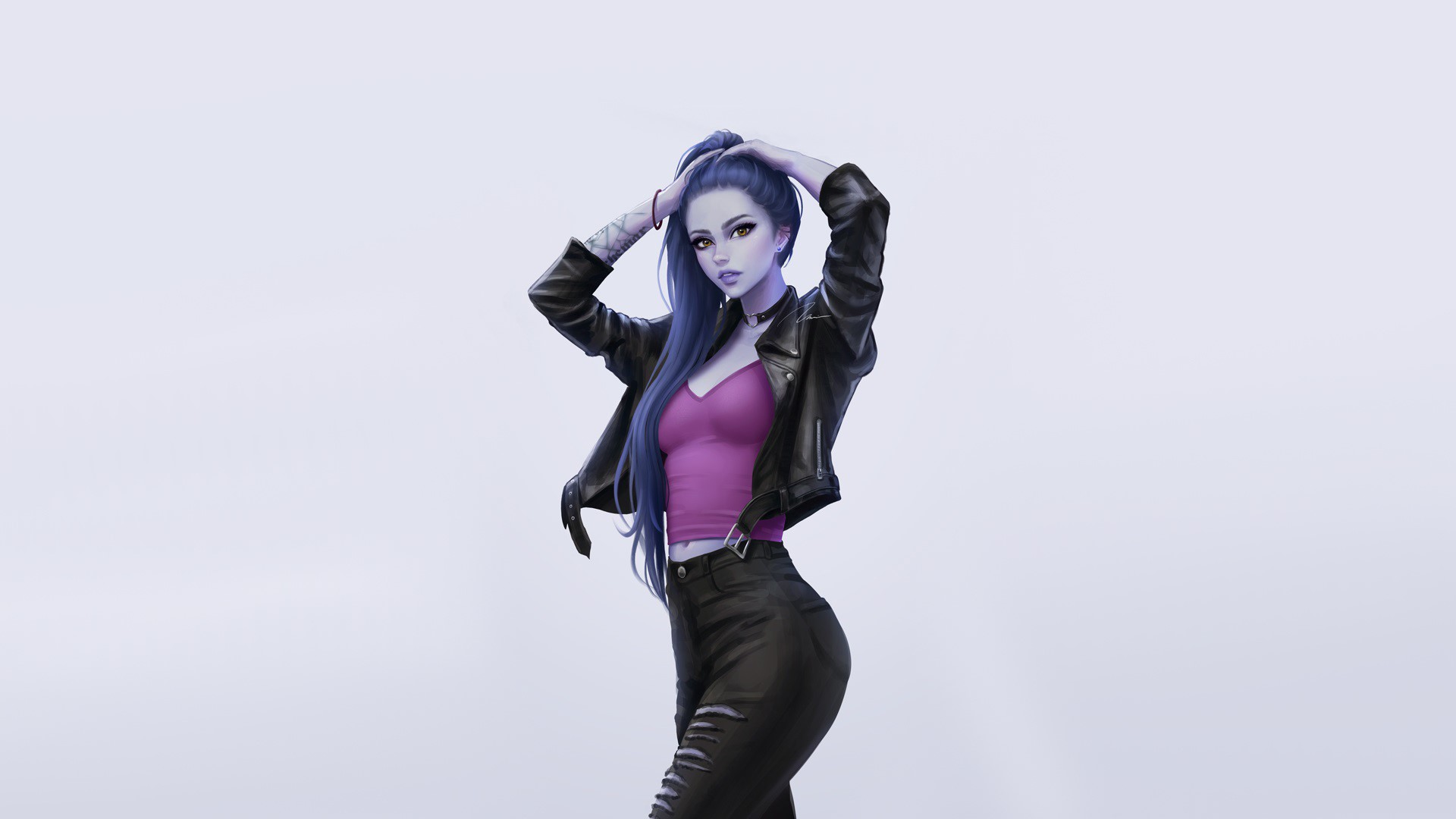 digital art, artwork, illustration, women, Overwatch, video games, video game art, fan art, Widowmaker (Overwatch), looking at viewer, blue hair, long hair, simple background, Amélie Lacroix, HD Wallpaper