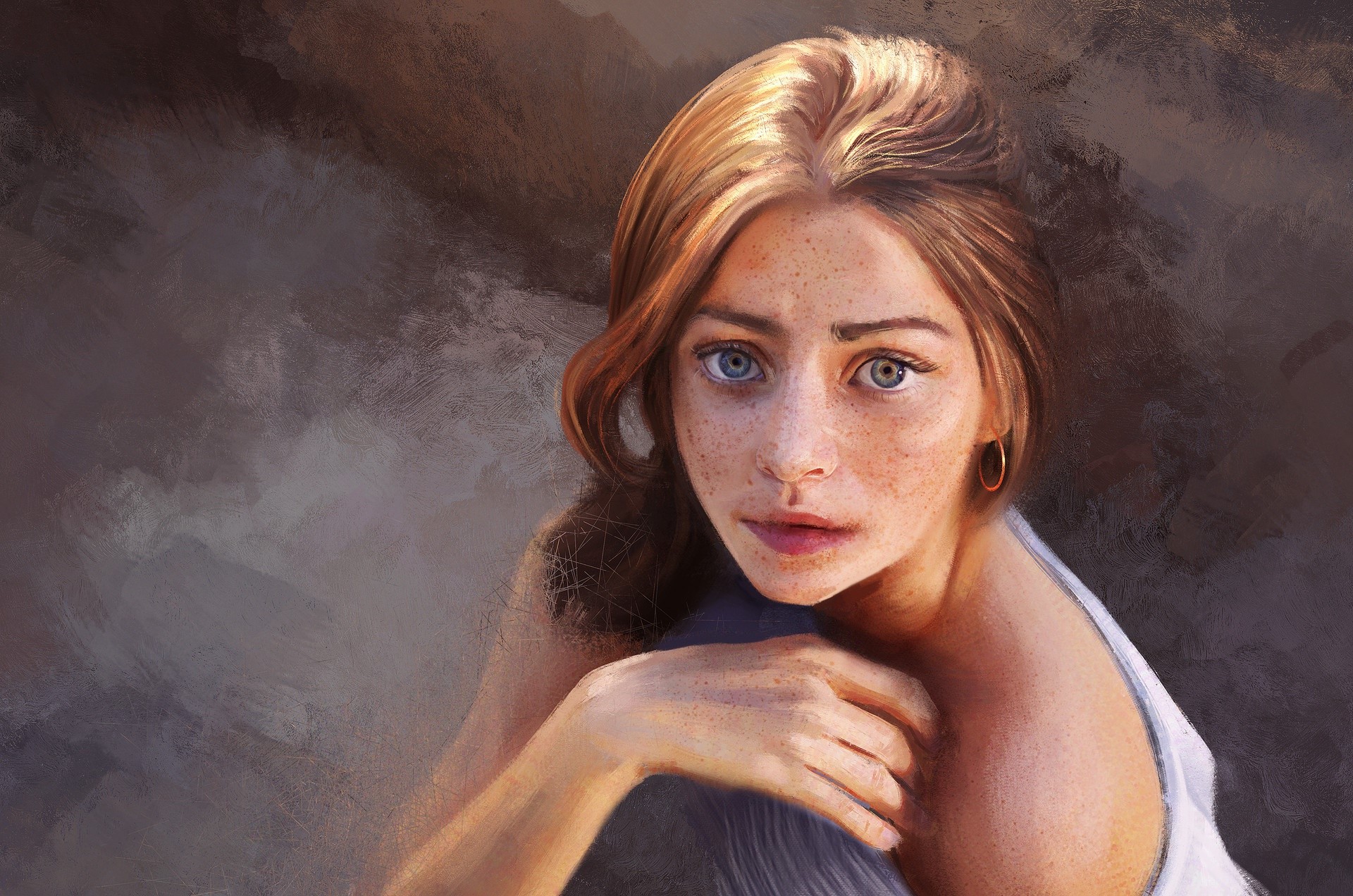 portrait, face, women, artwork, freckles, HD Wallpaper