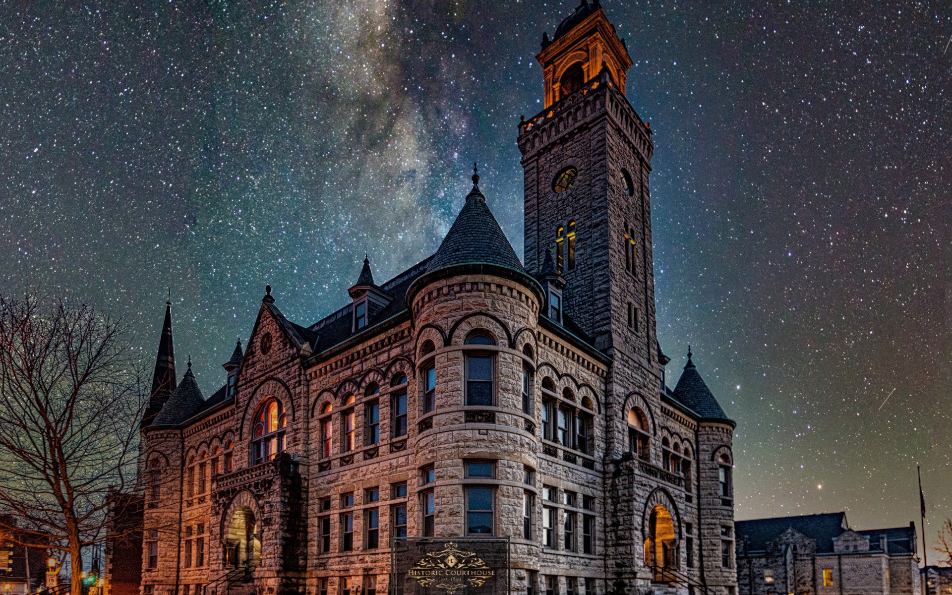 architecture, building, night, Wisconsin, USA, old building, stars, Milky Way, tower, trees, HD Wallpaper