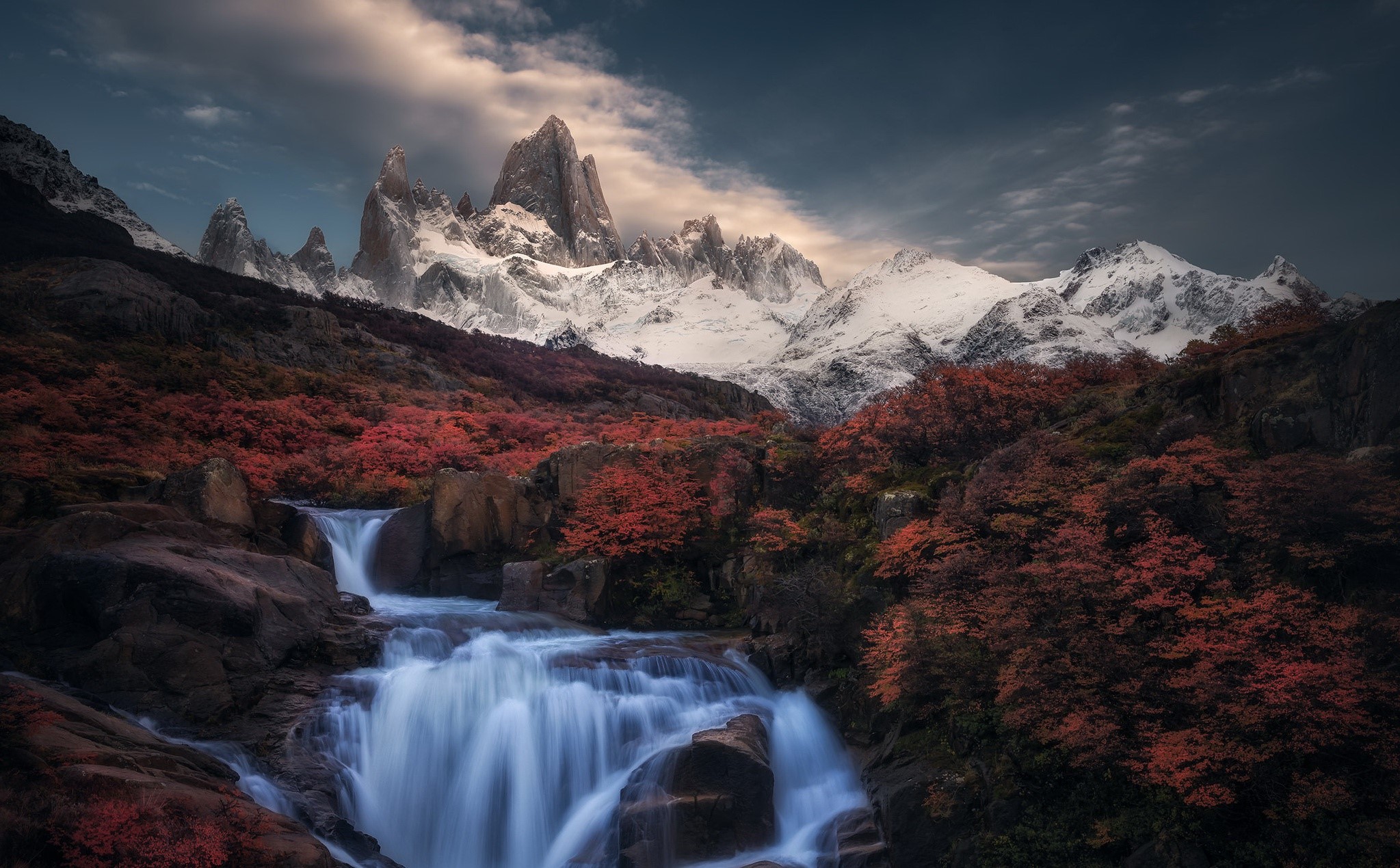 mountains, fall, waterfall, nature, landscape, HD Wallpaper