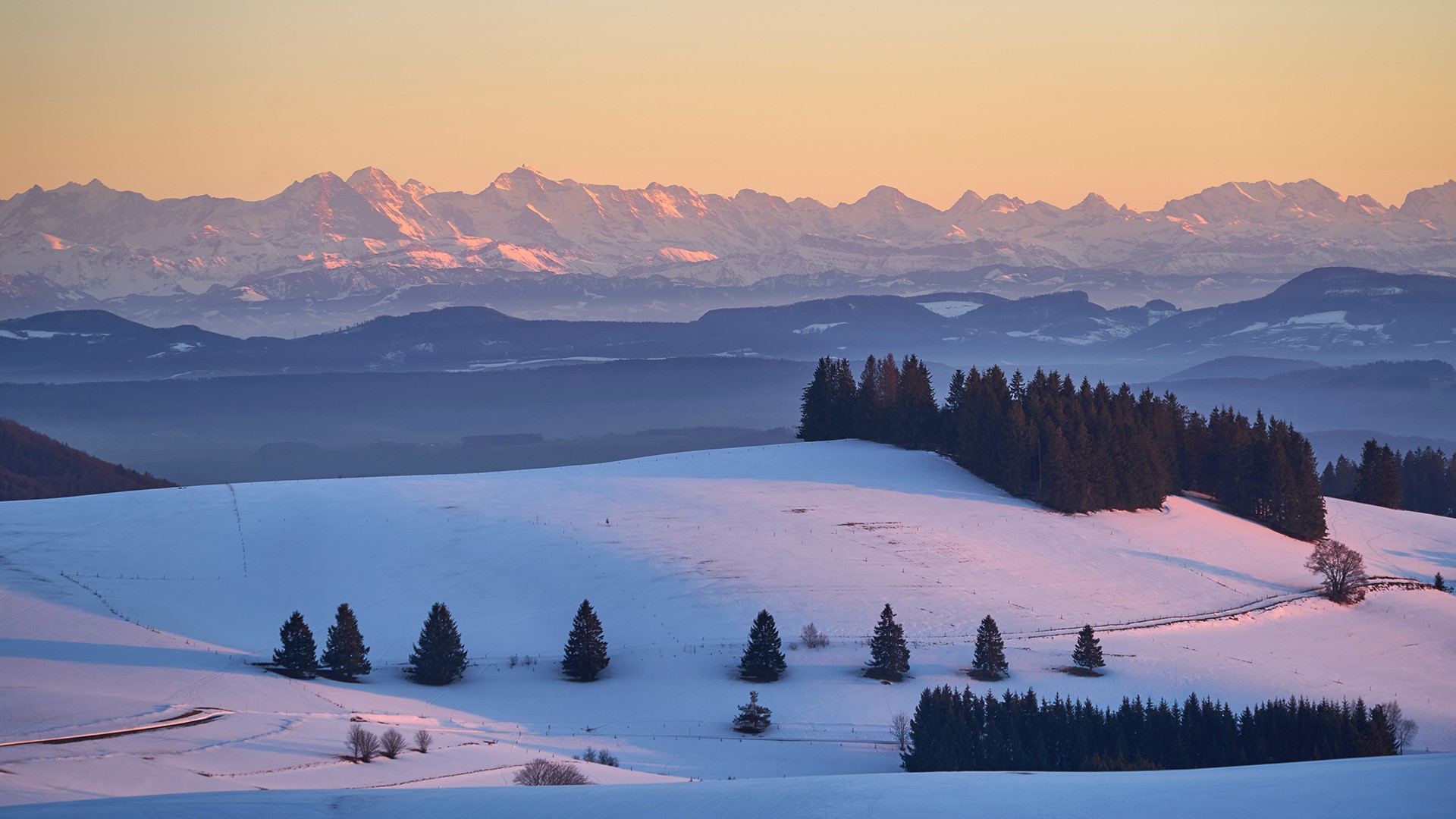 nature, snow, sunset, trees, mountains, winter, HD Wallpaper