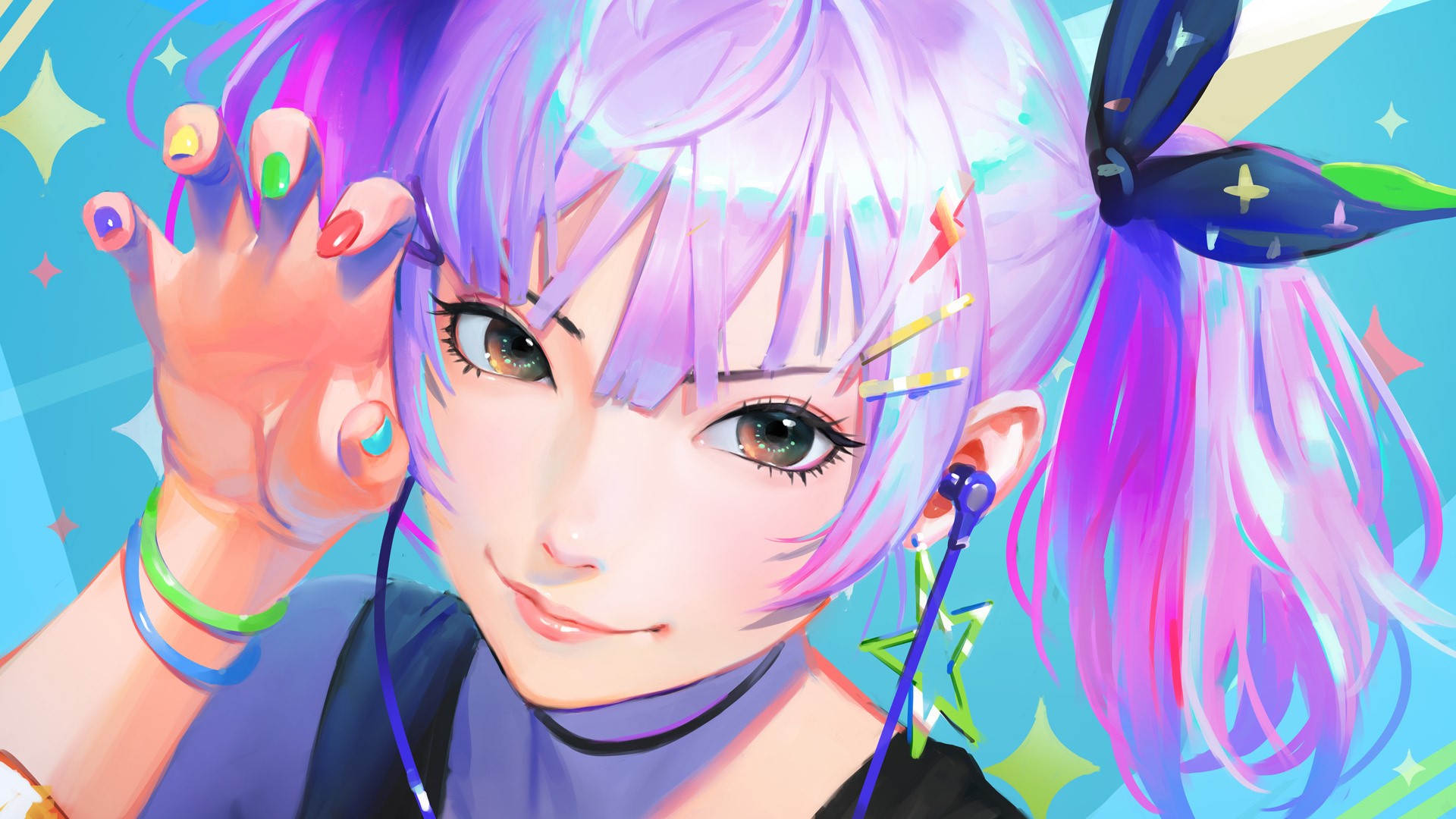 headphones, short hair, purple hair, anime, HD Wallpaper