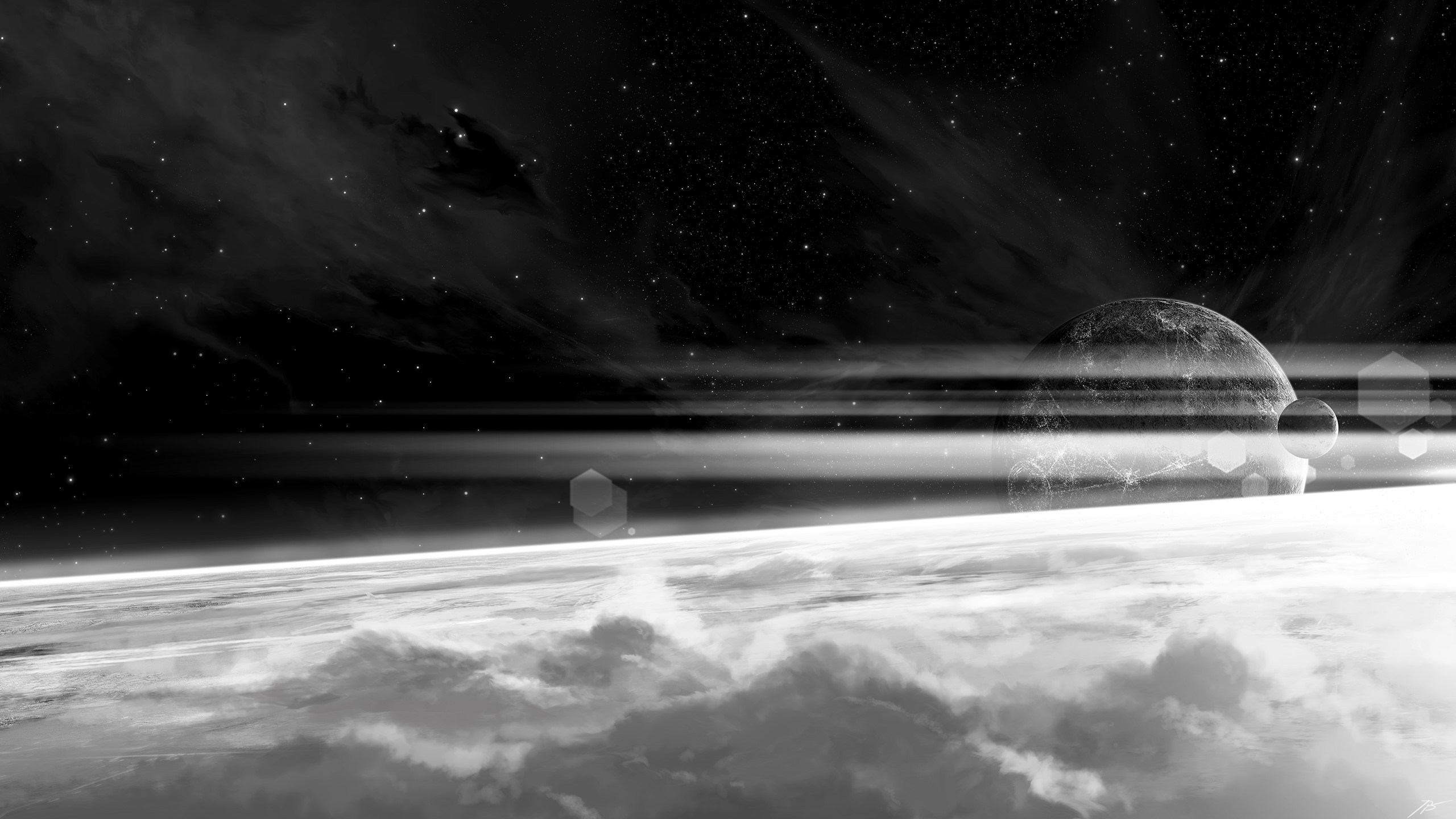 JoeyJazz, space art, clouds, monochrome, HD Wallpaper