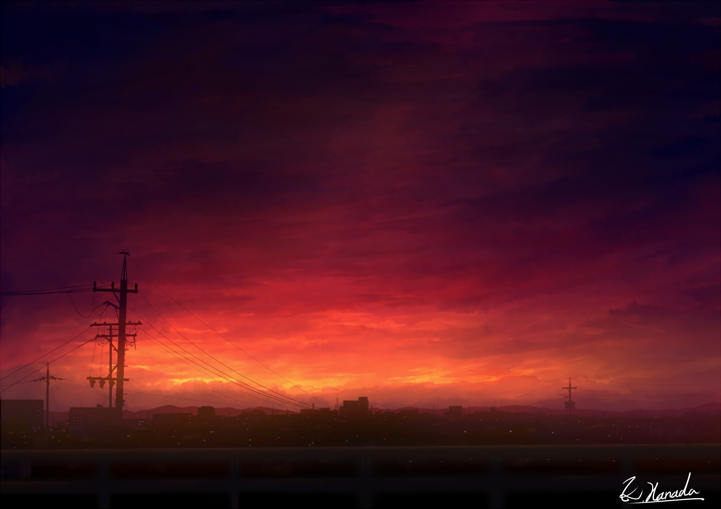 city, anime, sky, dark, sunlight, power lines, HD Wallpaper