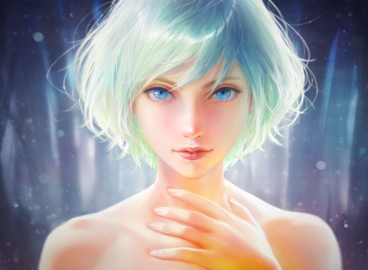 NaBaBa (DeviantArt), green hair, short hair, blue eyes, forest, HD Wallpaper