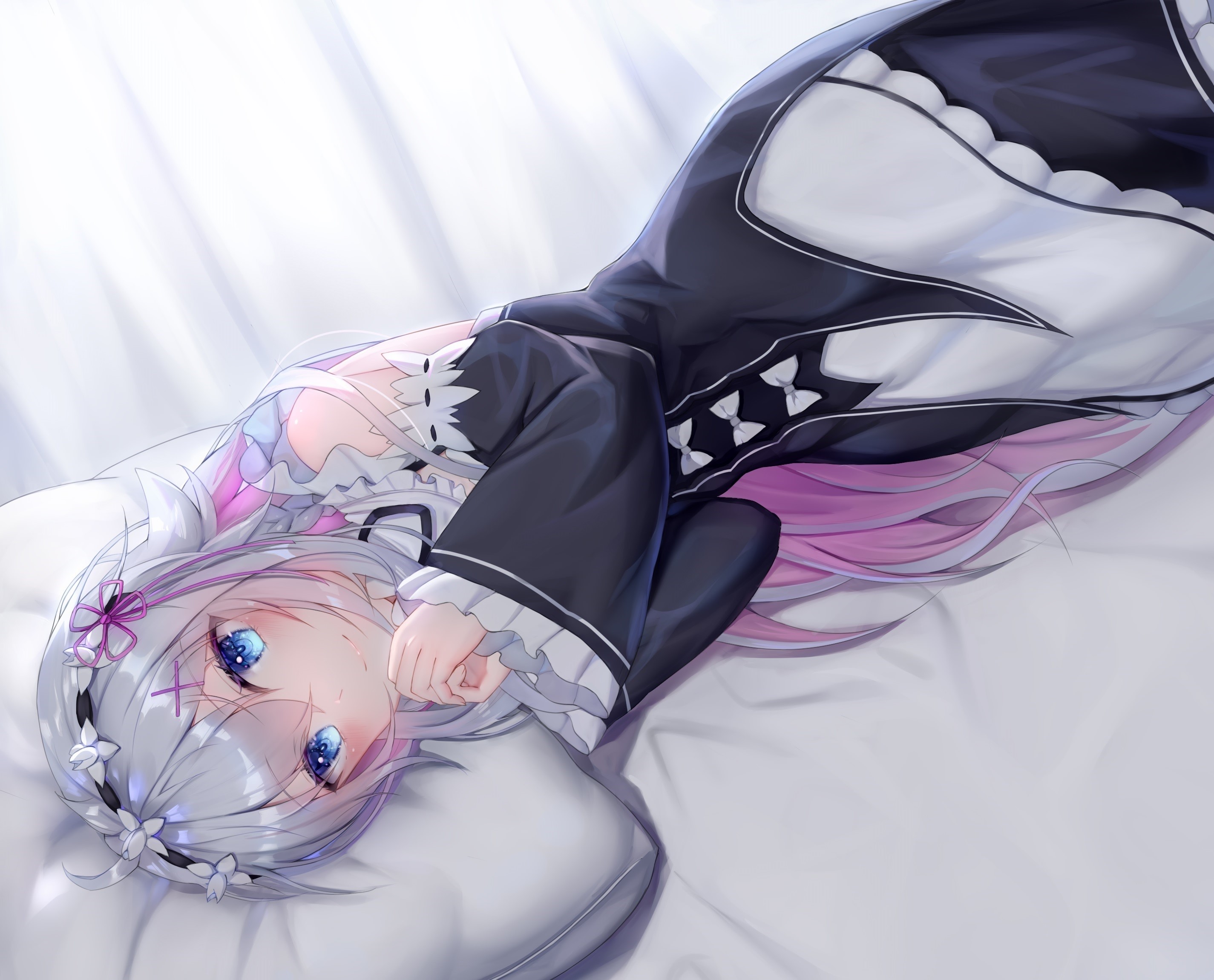 Re:Zero Kara Hajimeru Isekai Seikatsu, blue eyes, gray hair, blush, bed, maid, long hair, dress, headband, braids, anime, HD Wallpaper