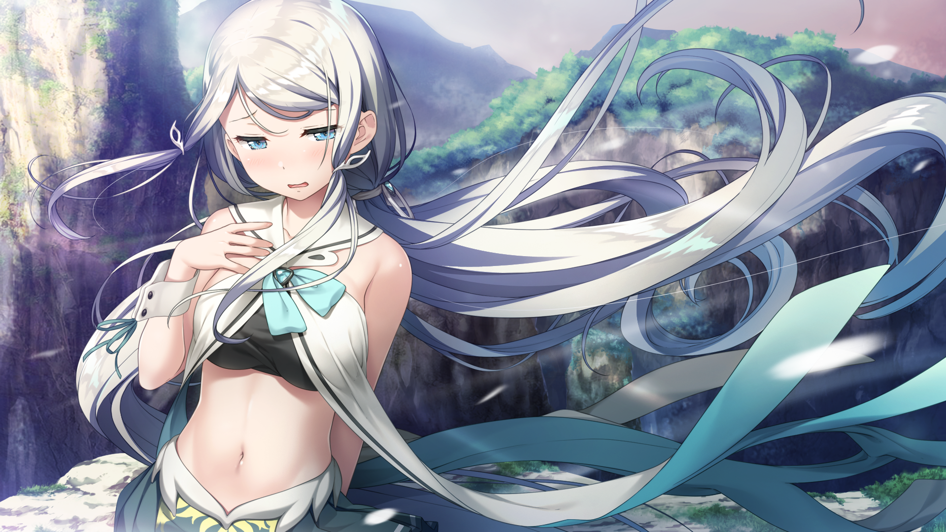 Kami-sama (girl), long hair, gray hair, belly, aqua eyes, blush, skirt, ponytail, wristwear, anime, HD Wallpaper