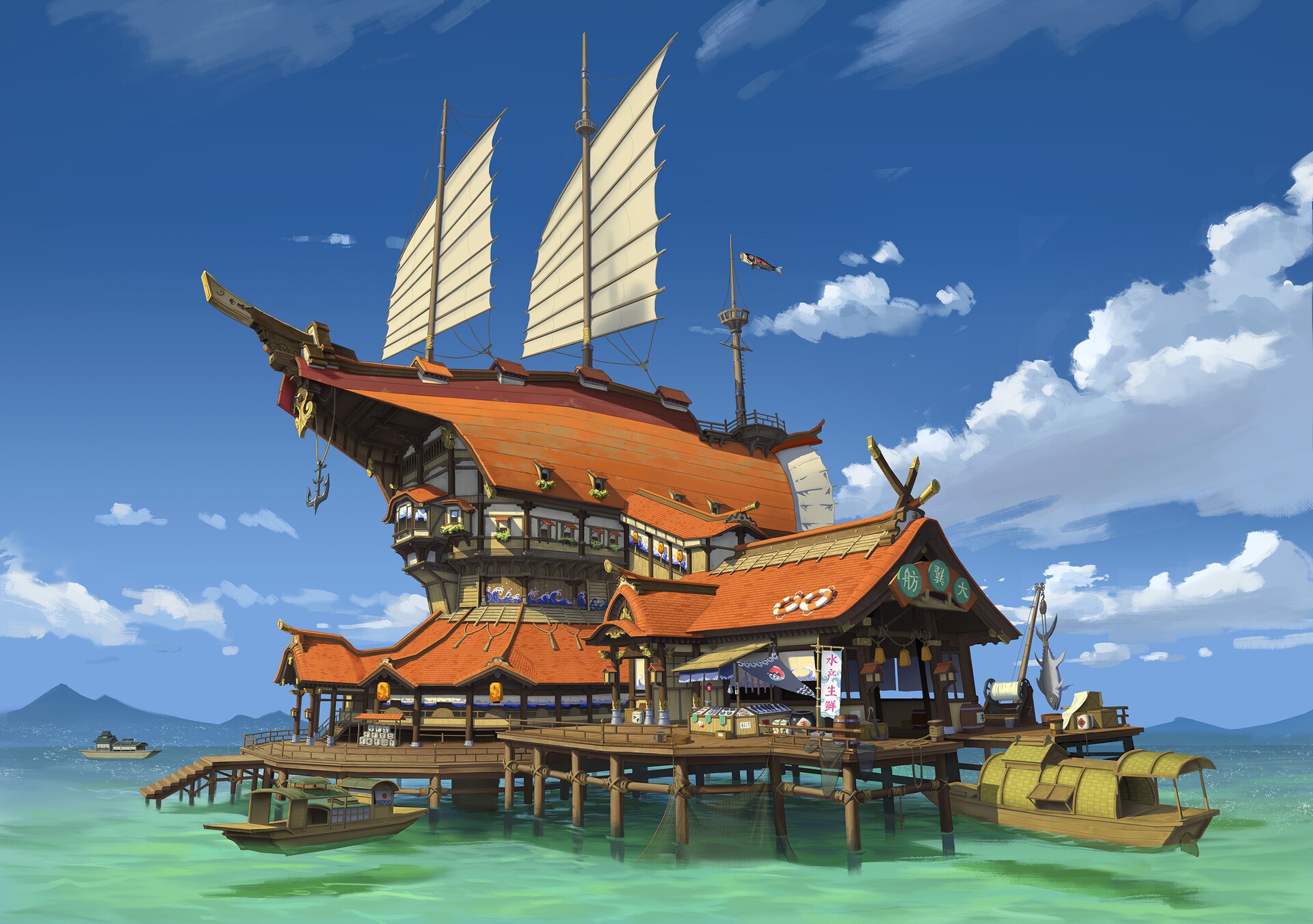 drawing, house, boat, water, pier, banner, fish, fish hooks, sky, clouds, HD Wallpaper