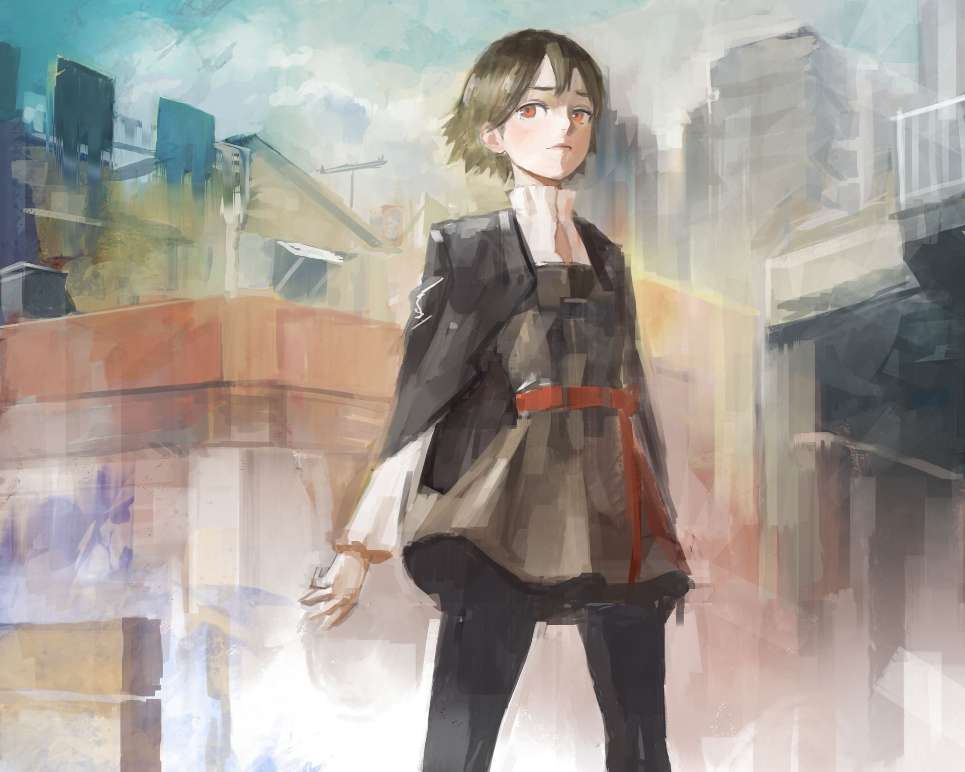 NaBaBa (DeviantArt), short hair, brunette, orange eyes, pantyhose, HD Wallpaper