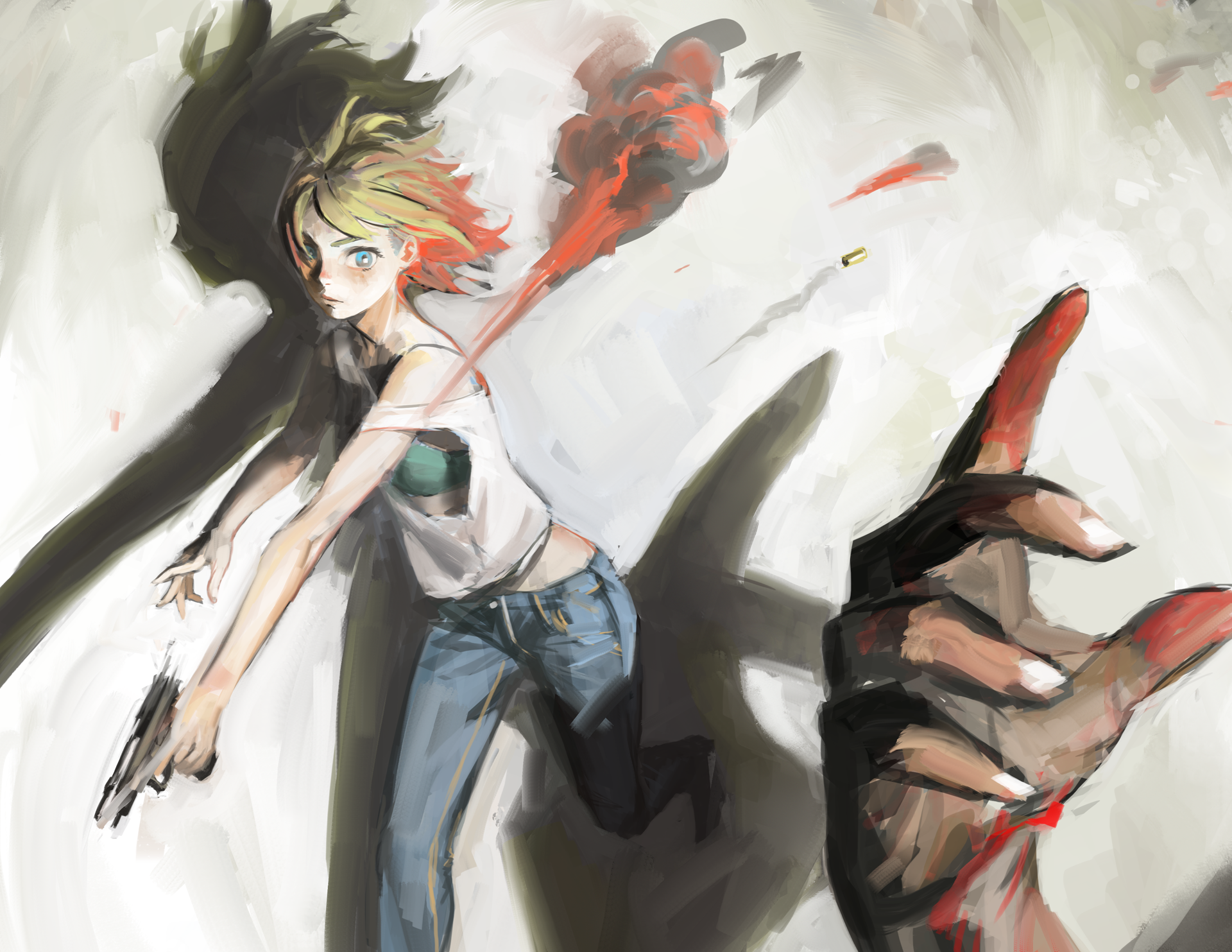 NaBaBa (DeviantArt), blonde, blood, gun, short hair, underwear, weapon, bra, shirt, HD Wallpaper