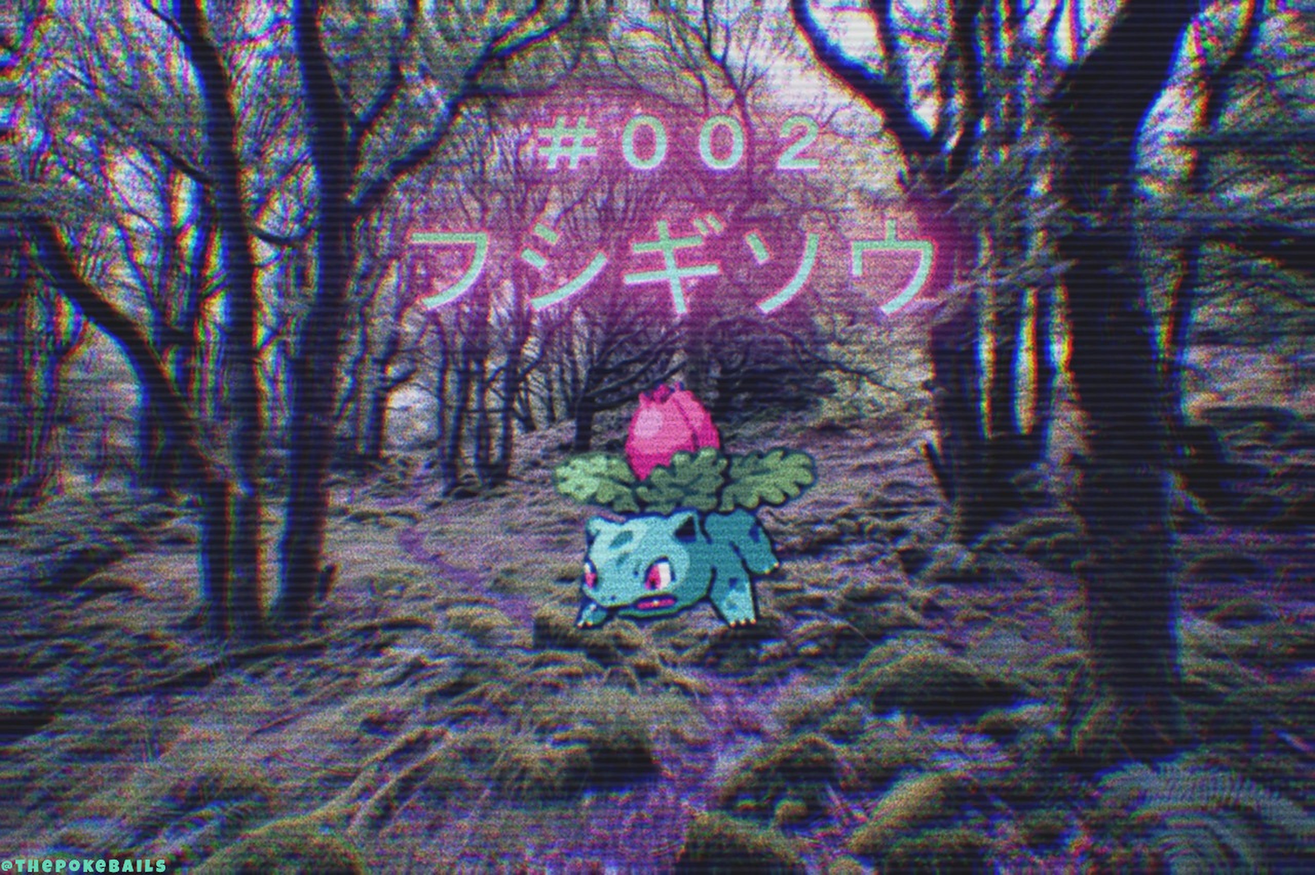 Pokémon, Ivysaur, vaporwave, forest, nature, Japanese, trees, plants, landscape, Nintendo, HD Wallpaper