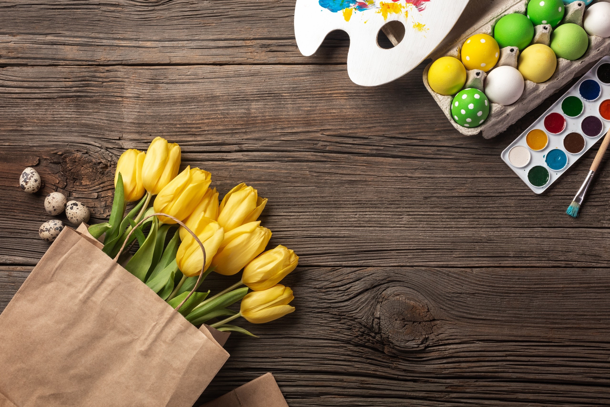 holiday, Easter, tulips, yellow flowers, plants, eggs, colorful, HD Wallpaper