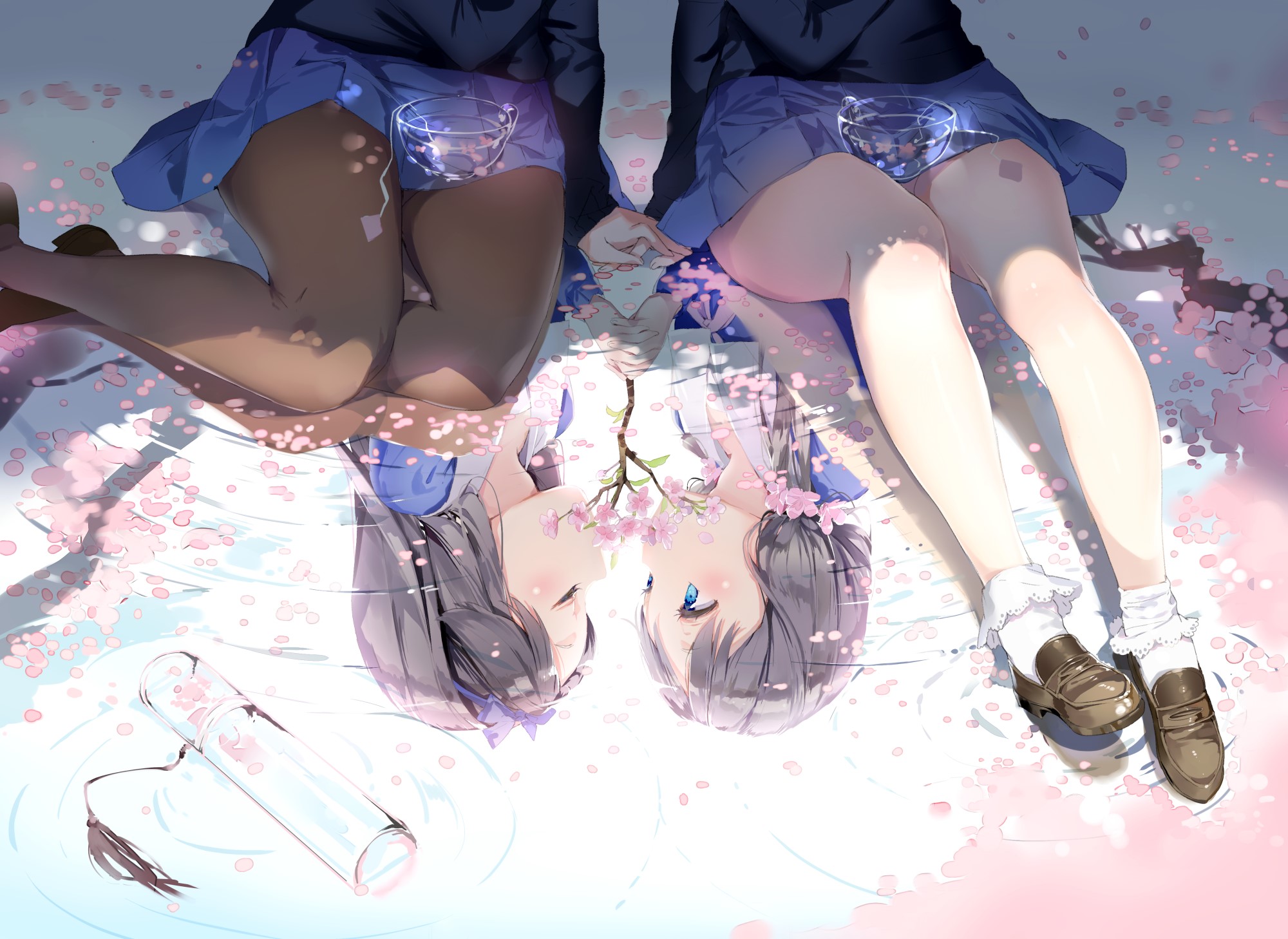 yuri, Sakura blossom, thigh-highs, school uniform, anime, anime girls, HD Wallpaper