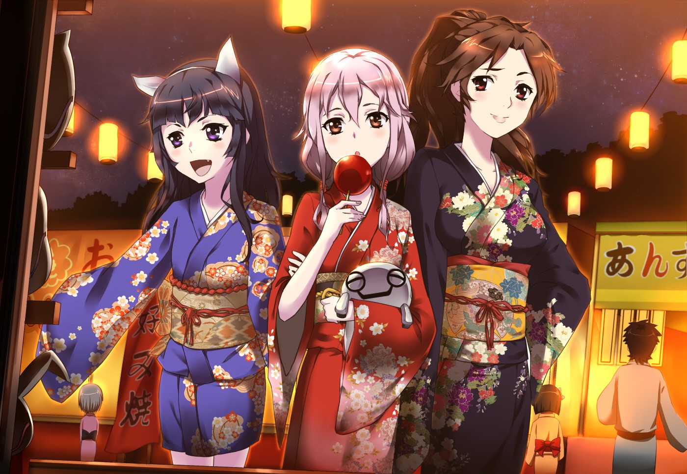 Guilty Crown, Yuzuriha Inori, Tsugumi (Guilty Crown), Shinomiya Ayase, Japanese kimono, night, looking at viewer, festivals, anime, HD Wallpaper