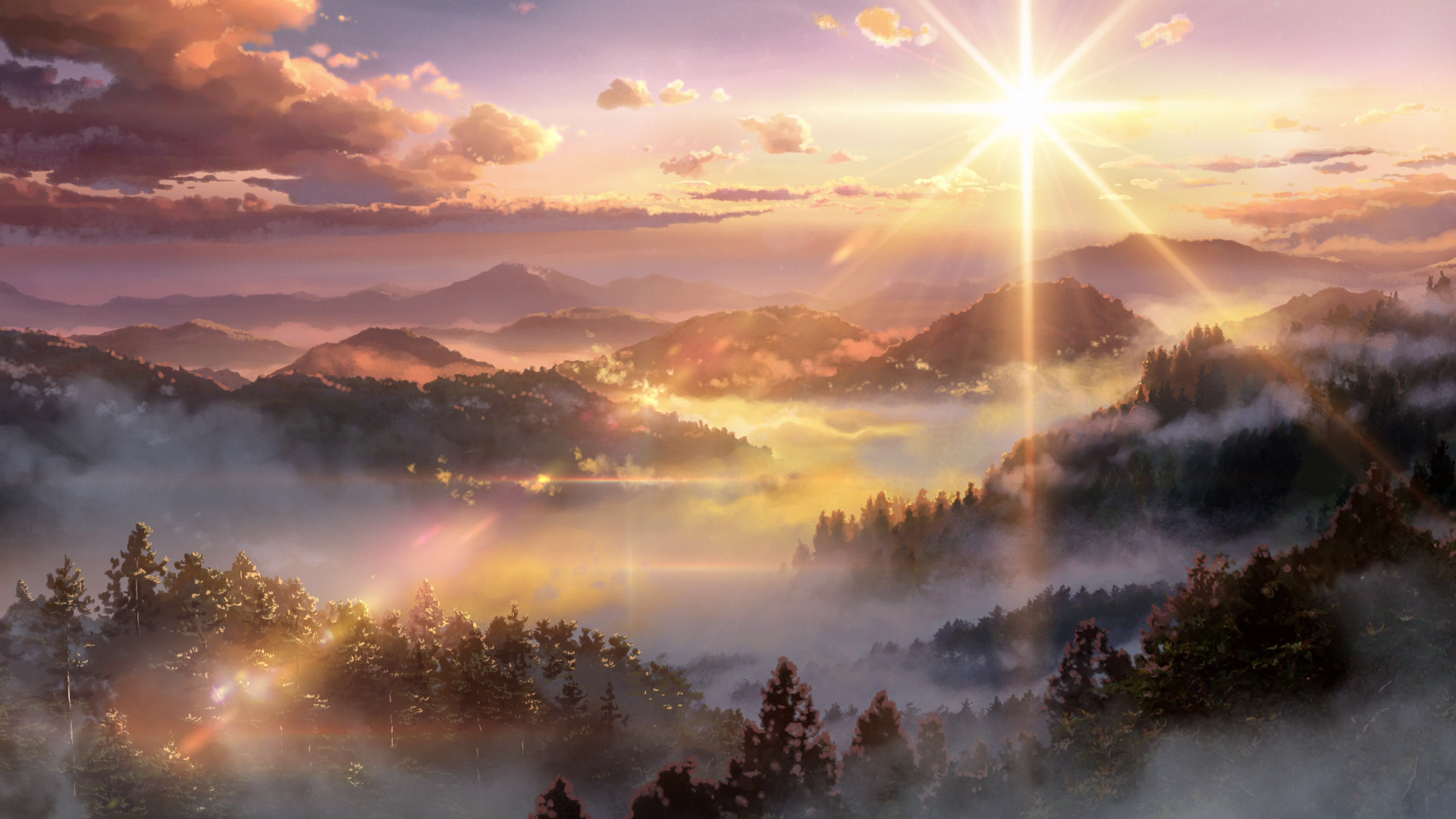 Your Name, clouds, trees, mountains, anime, HD Wallpaper
